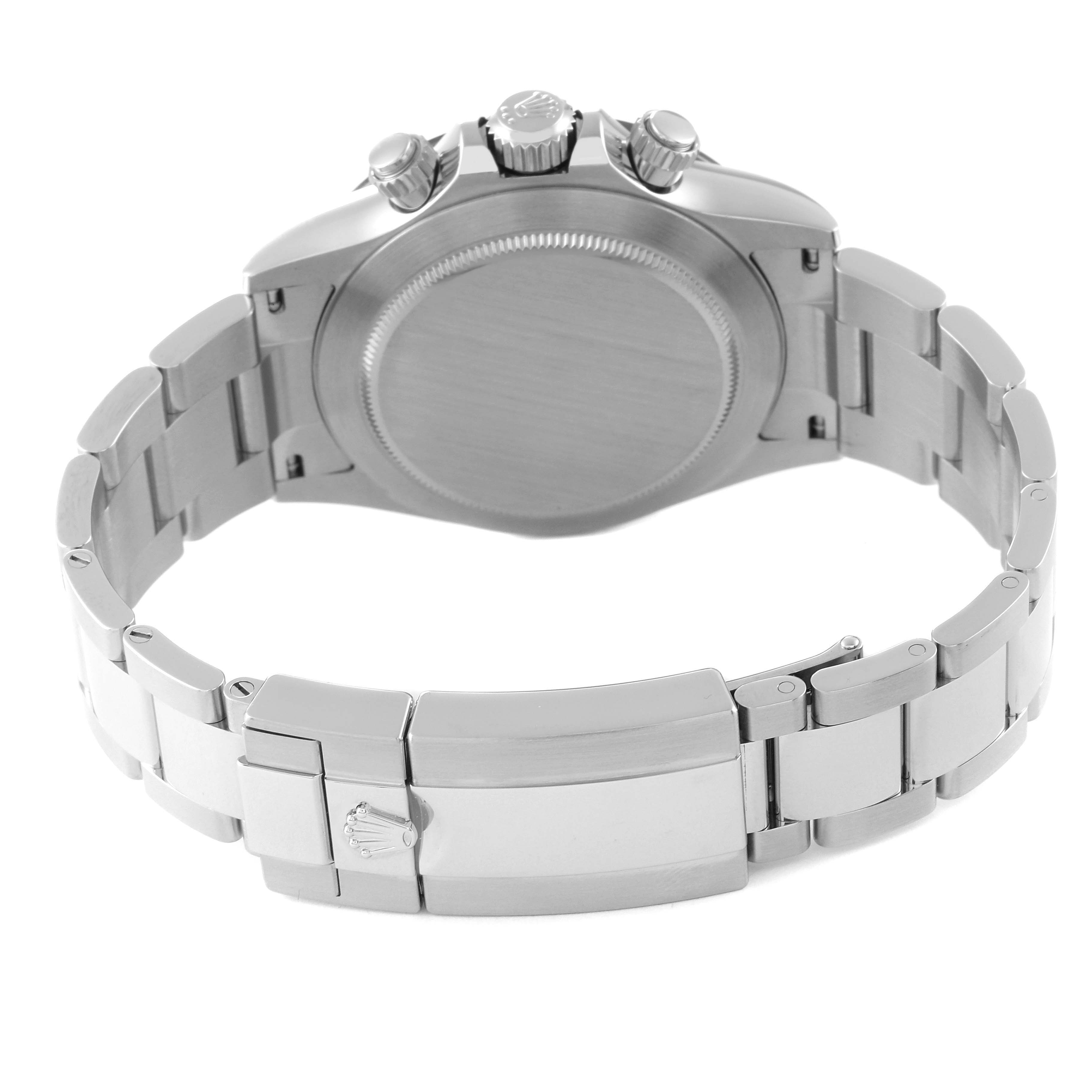 This image shows the stainless steel case back, deployment clasp, and bracelet of a Rolex Daytona 116500 Men's Stainless Steel Black Dial 116500 Men's Stainless Steel Black Dial watch from a rear angle.