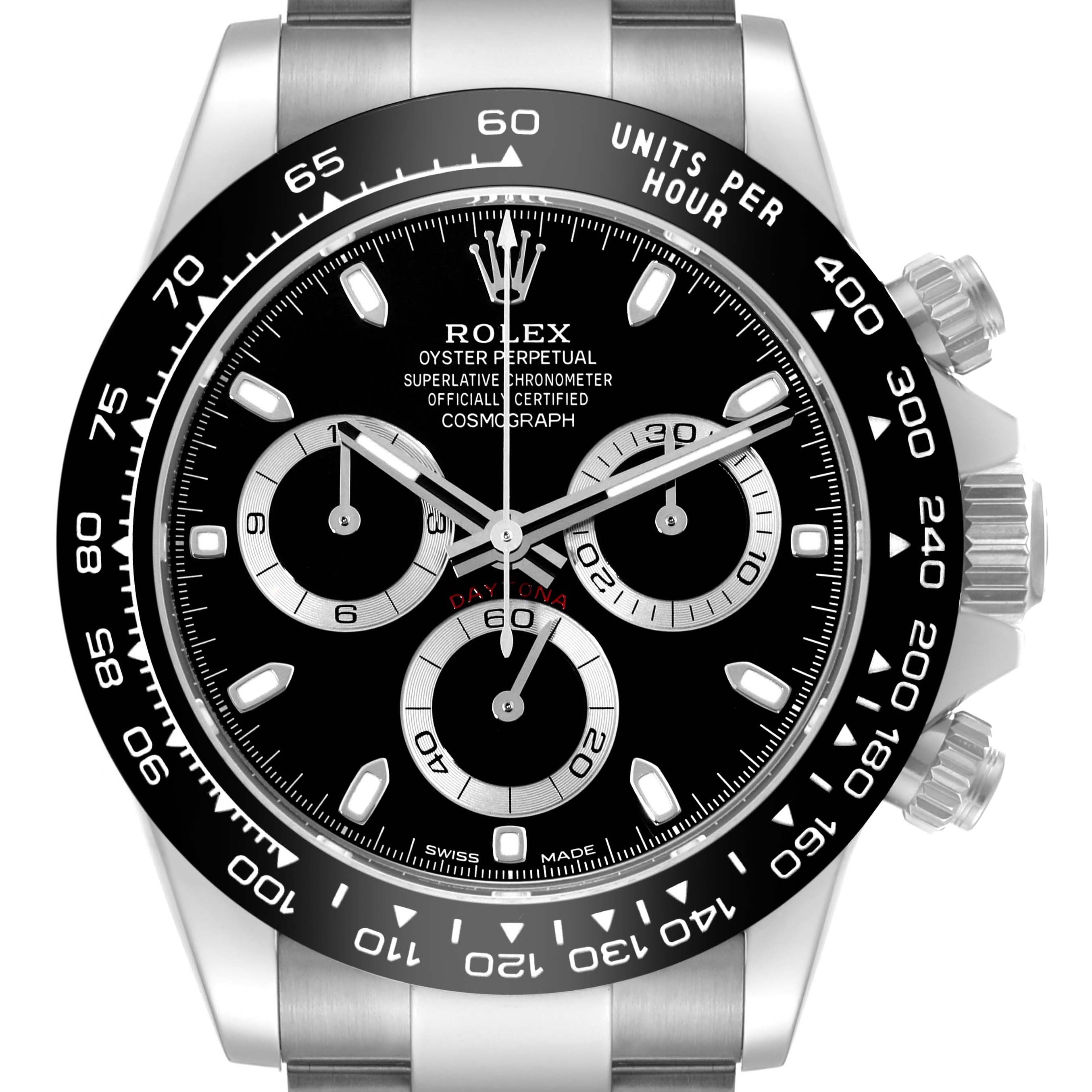 This image shows the face of a Rolex Daytona 116500 Men's Stainless Steel Black Dial 116500 Men's Stainless Steel Black Dial model watch, highlighting its chronograph dials and bezel.