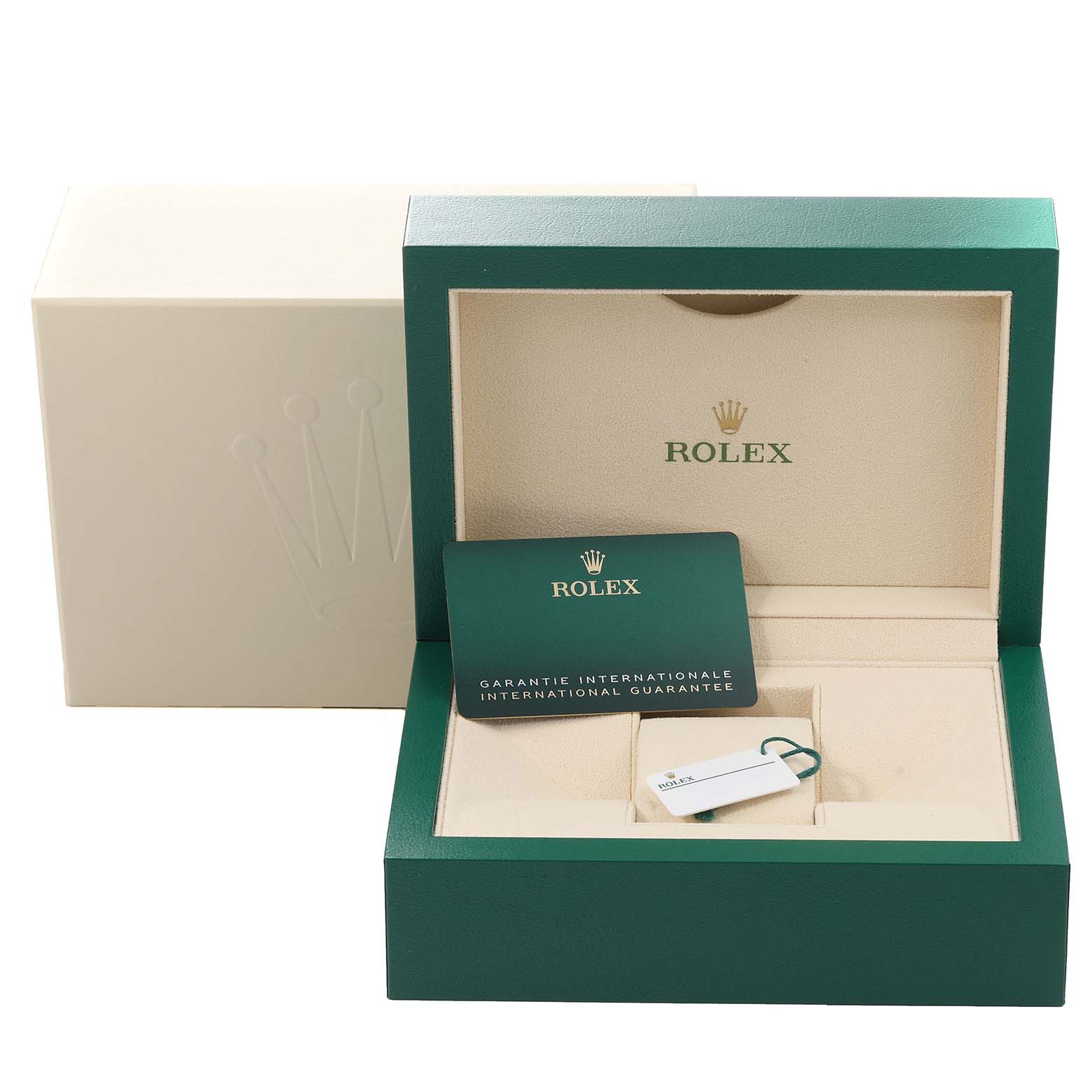 The image shows the open packaging, international guarantee card, and tag for a Rolex Daytona 116500 Men's Stainless Steel Black Dial 116500 Men's Stainless Steel Black Dial model watch.