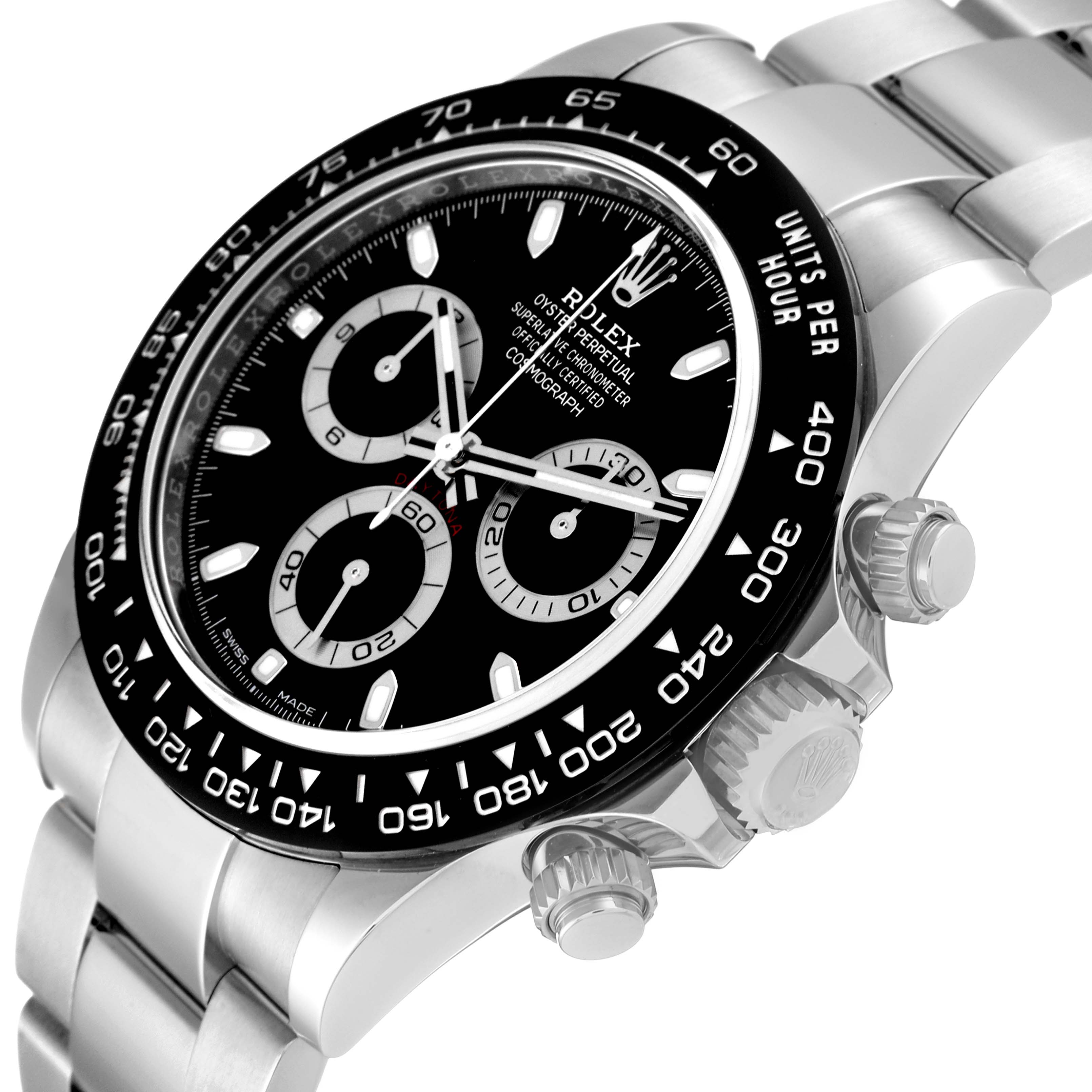 This image of a Rolex Daytona 116500 Men's Stainless Steel Black Dial 116500 Men's Stainless Steel Black Dial watch shows a side angle displaying the bezel, dial, crown, and pushers.