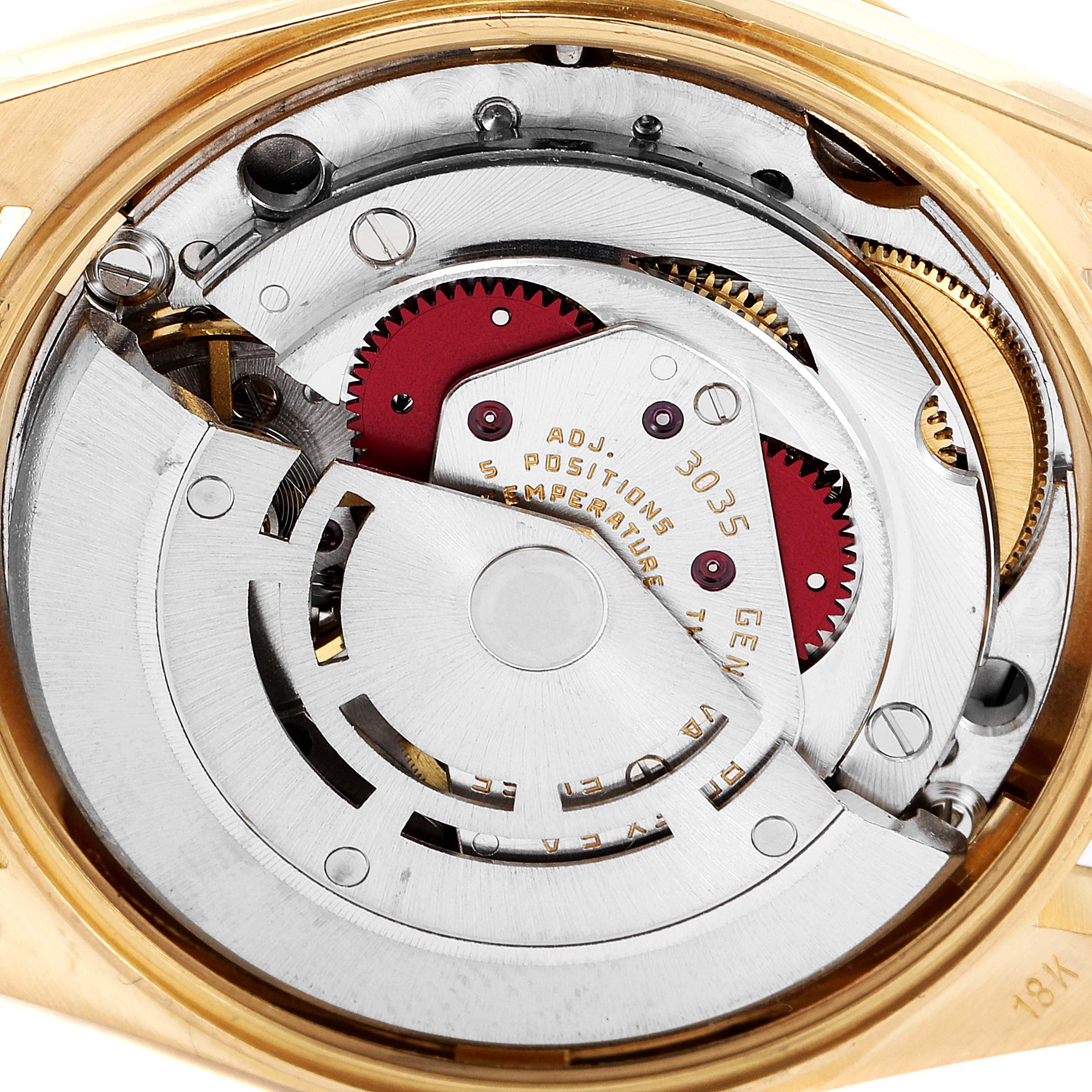 This image shows the exposed mechanical movement of a Rolex Vintage Collection 15038 Men's Yellow Gold White Dial 15038 Men's Yellow Gold White Dial watch, highlighting the intricate gears and components.