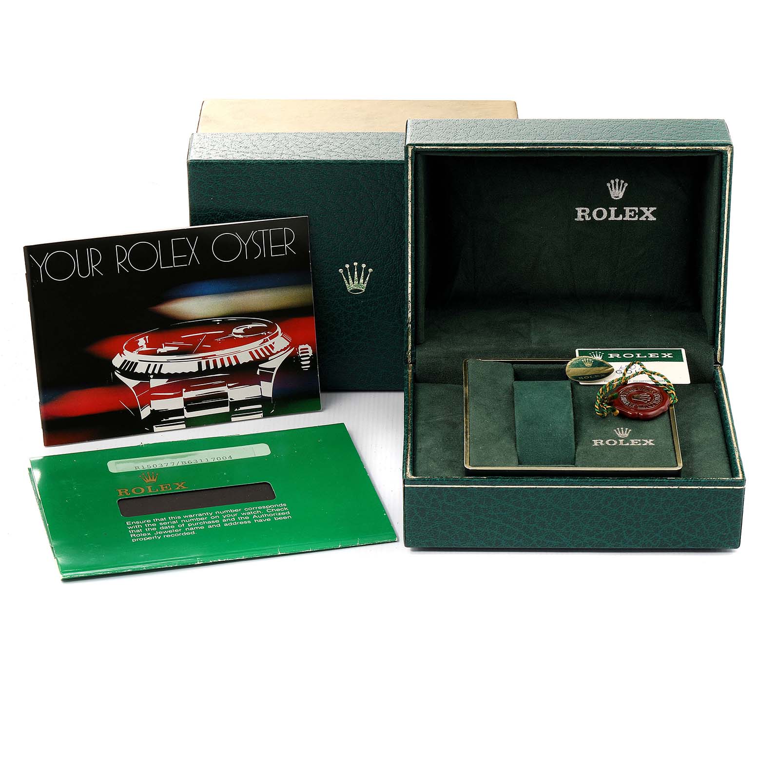 The image shows a Rolex Vintage Collection 15038 Men's Yellow Gold White Dial 15038 Men's Yellow Gold White Dial watch box, warranty card, booklet, and accessories from a frontal angle.