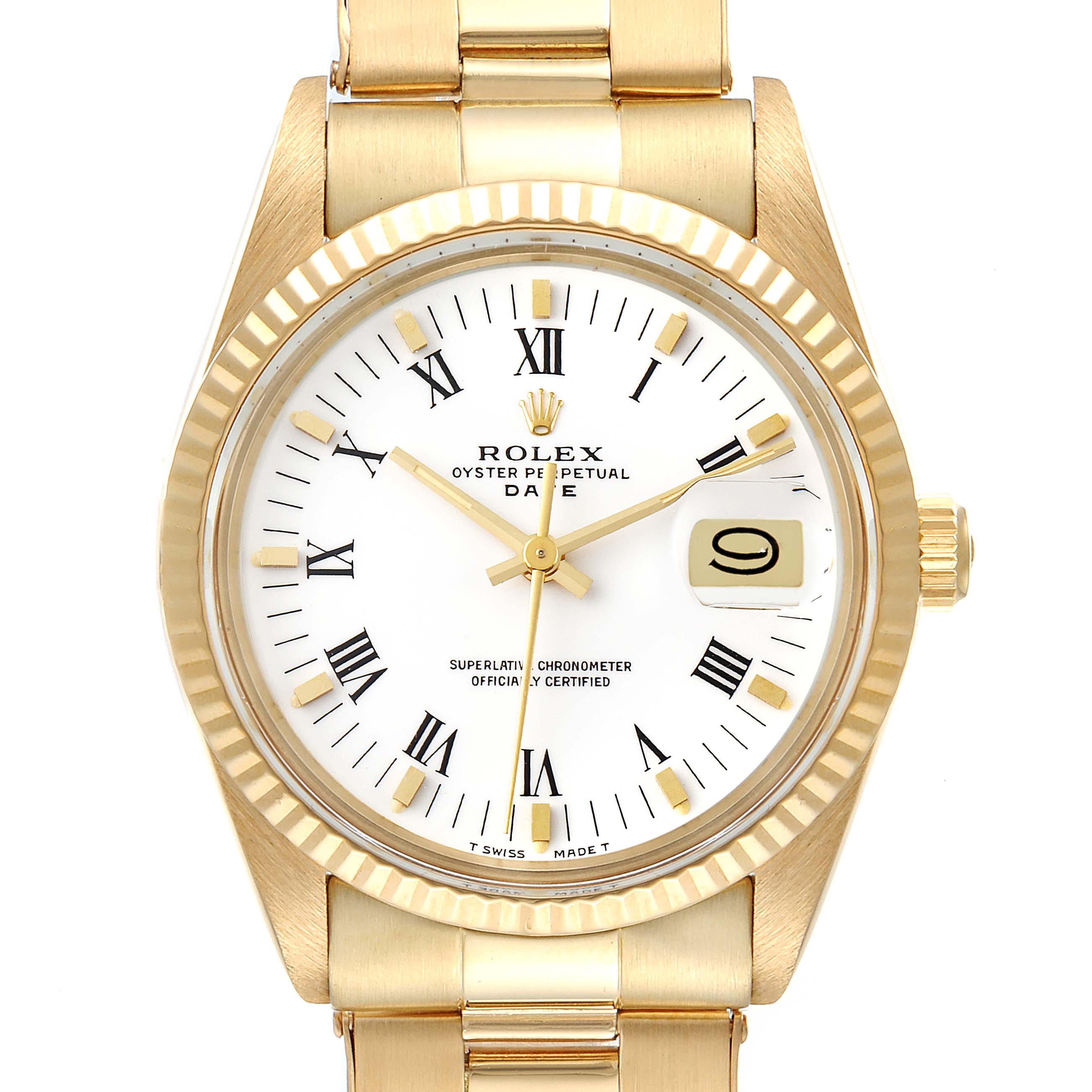 The image shows a front view of the Rolex Vintage Collection 15038 Men's Yellow Gold White Dial 15038 Men's Yellow Gold White Dial watch with a gold bracelet and white dial featuring Roman numerals.