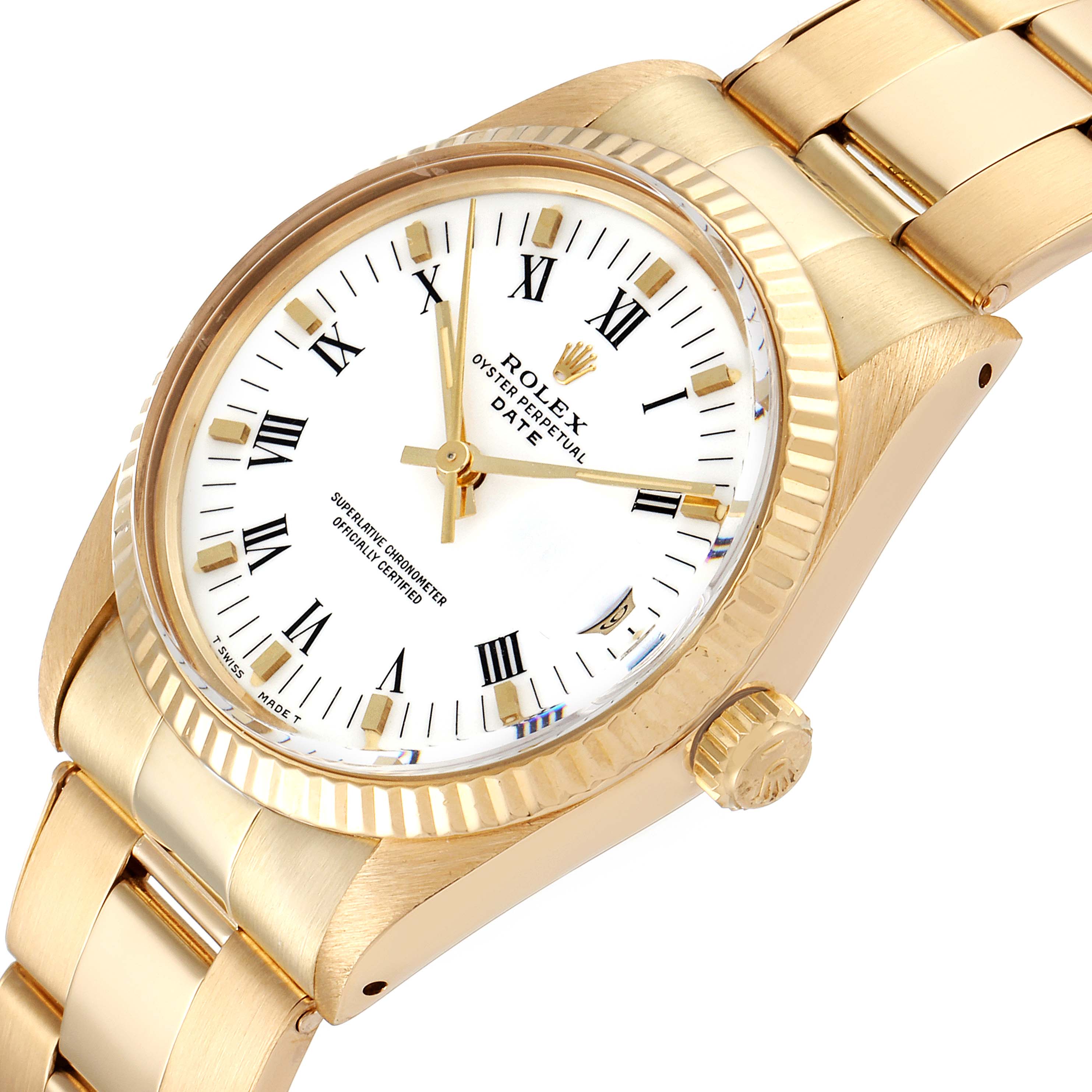 This image shows a slightly angled top view of the Rolex Vintage Collection 15038 Men's Yellow Gold White Dial 15038 Men's Yellow Gold White Dial watch, displaying the face, bezel, and part of the band.