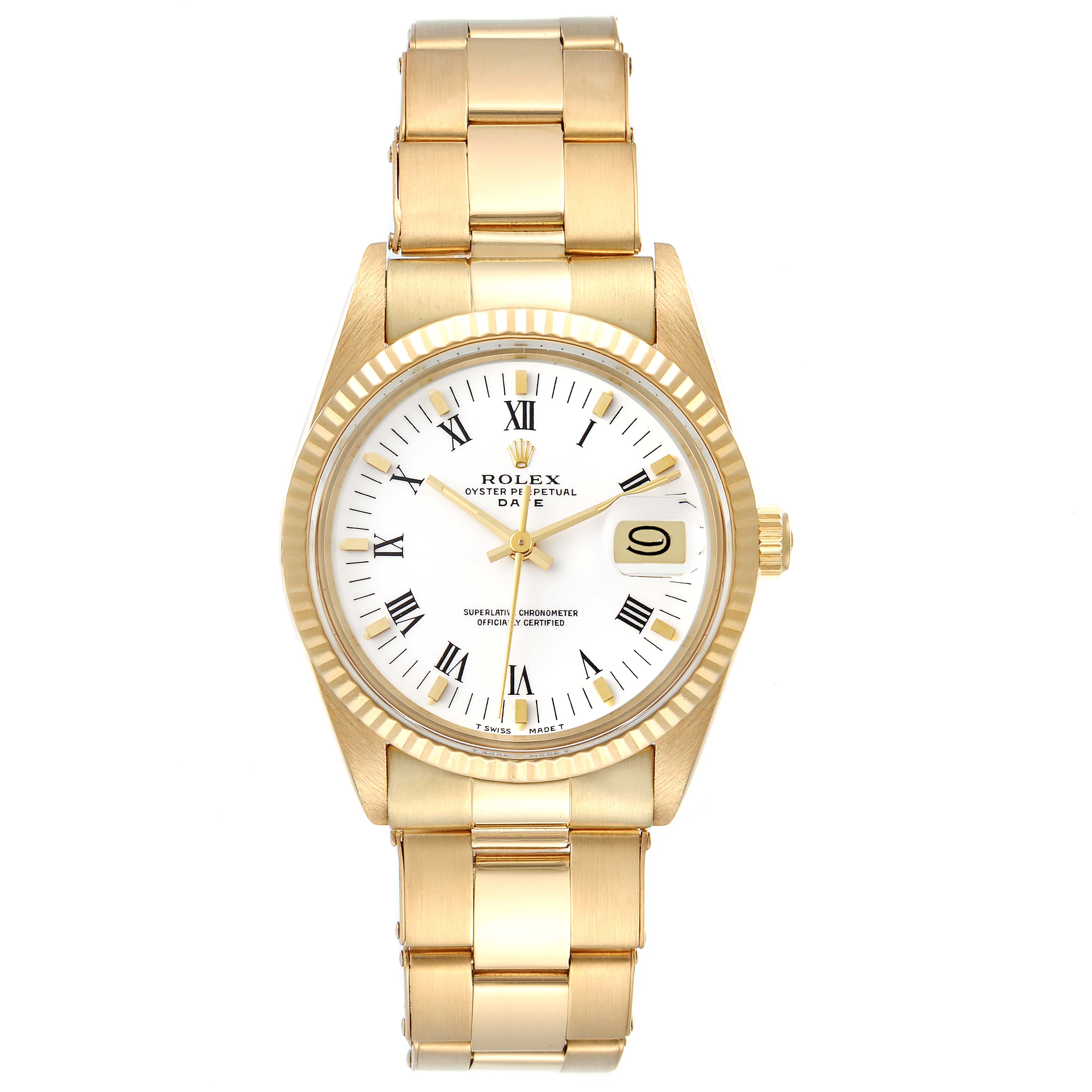 This image shows a full frontal view of the Rolex Vintage Collection 15038 Men's Yellow Gold White Dial 15038 Men's Yellow Gold White Dial watch, highlighting its dial, bezel, crown, and bracelet.