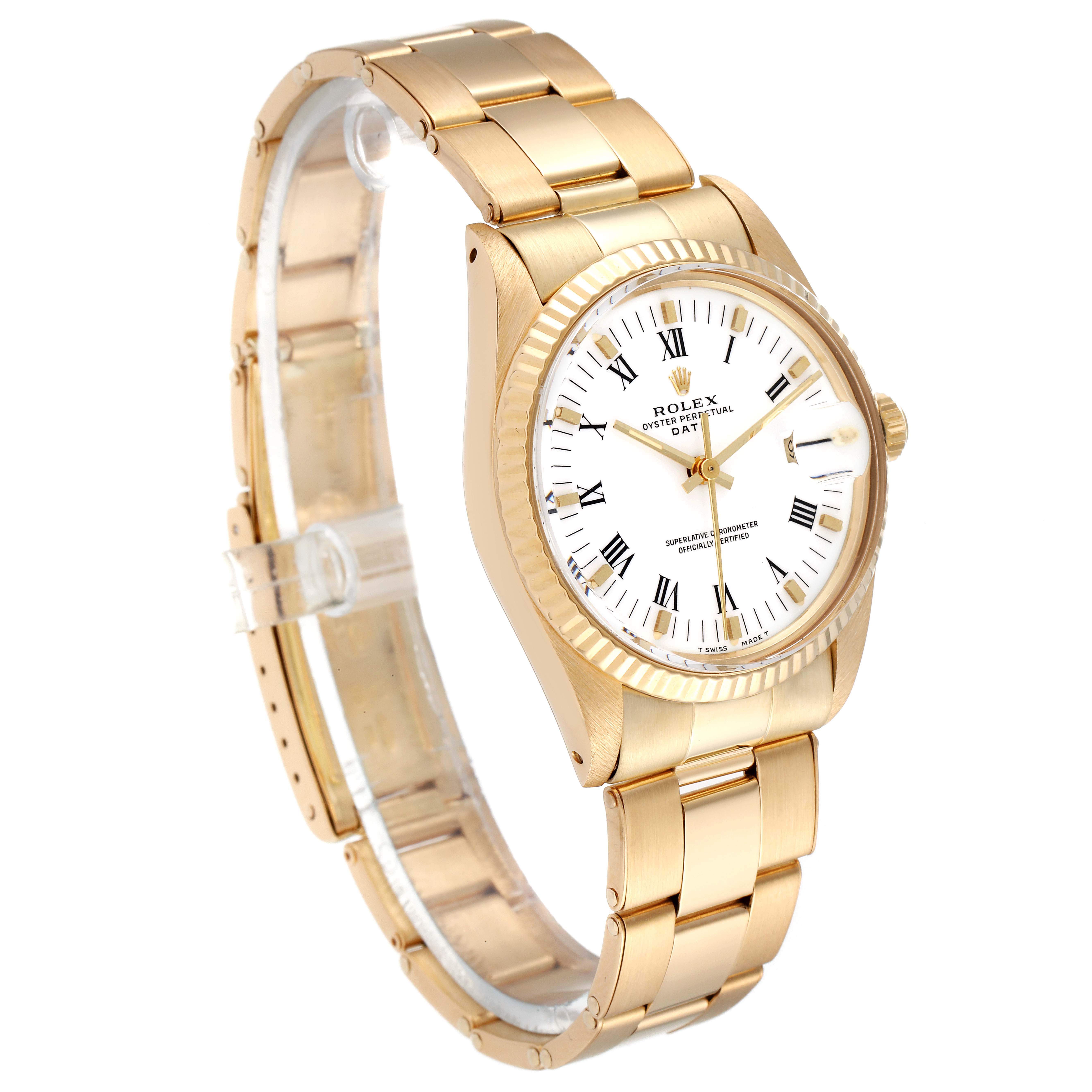 The Rolex Vintage Collection 15038 Men's Yellow Gold White Dial 15038 Men's Yellow Gold White Dial watch is shown at an angle displaying the face, crown, case, and bracelet.