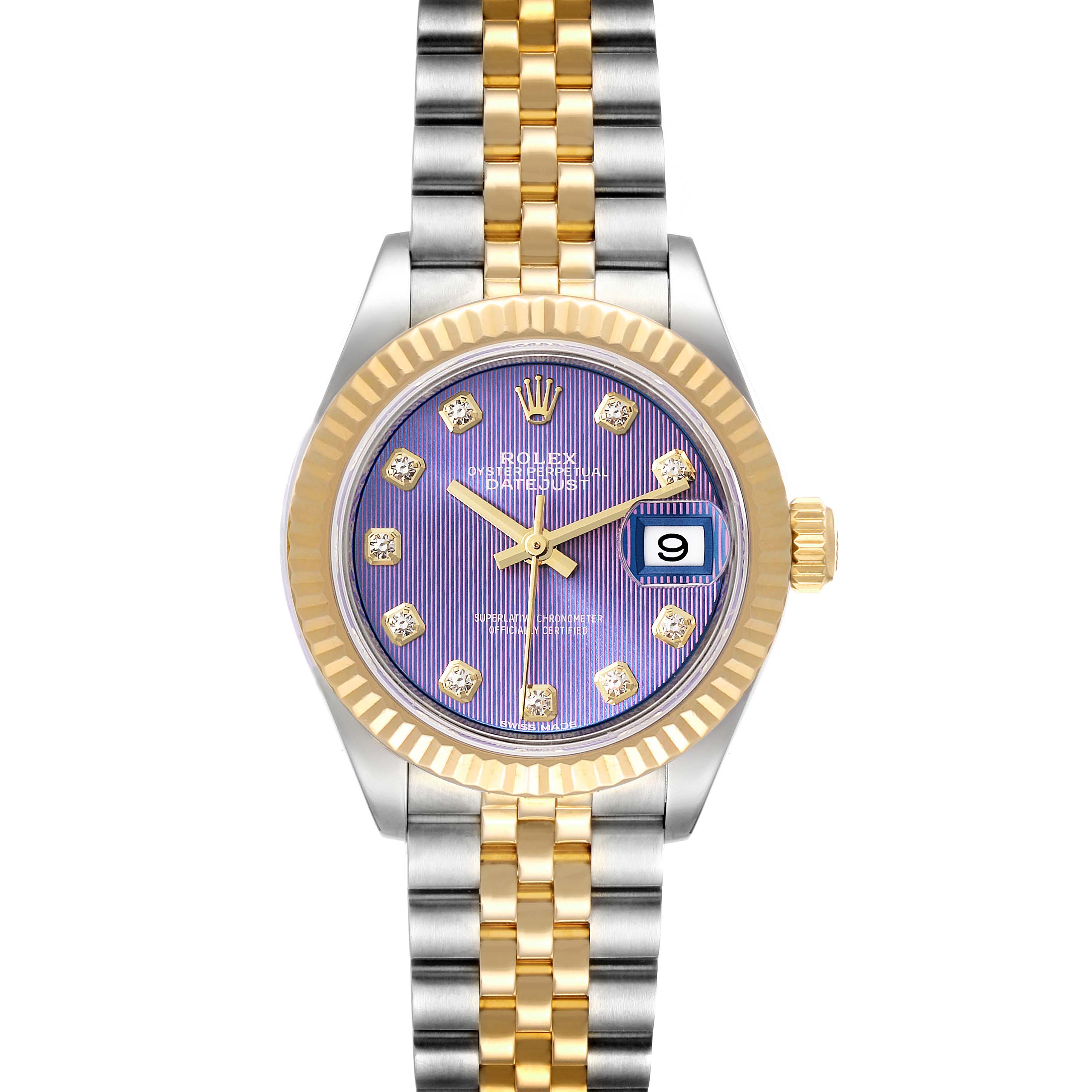 The image shows a front view of a Rolex Datejust 279173 Women's Steel and Gold (two tone) Purple Dial 279173 Women's Steel and Gold (two tone) Purple Dial watch, displaying the dial, bezel, crown, and bracelet.