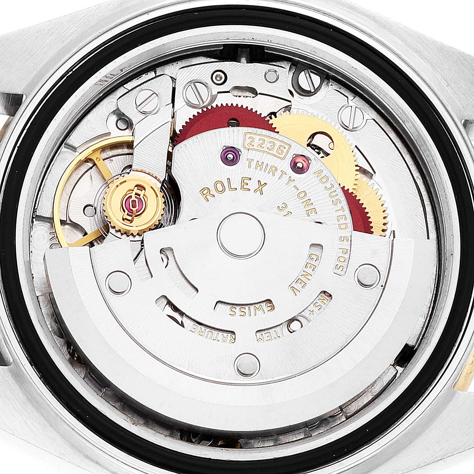 The image shows the internal movement of a Rolex Datejust 279173 Women's Steel and Gold (two tone) Purple Dial 279173 Women's Steel and Gold (two tone) Purple Dial watch from a back angle.