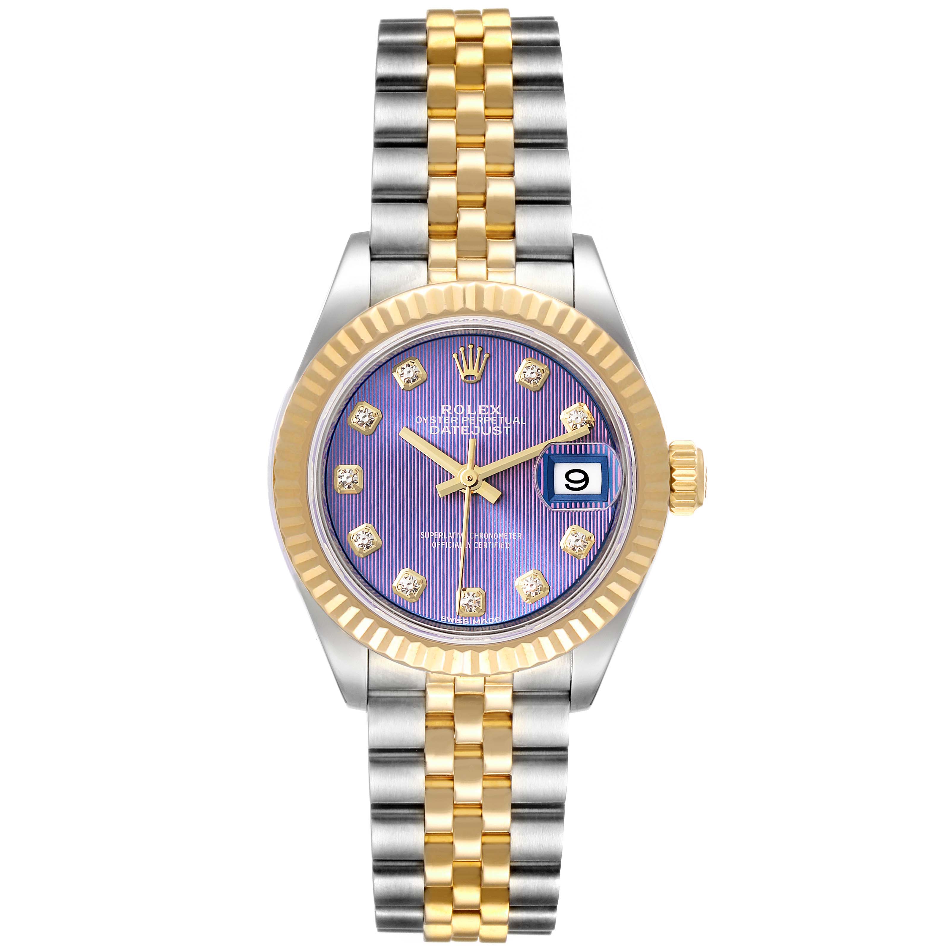 This image shows a Rolex Datejust 279173 Women's Steel and Gold (two tone) Purple Dial 279173 Women's Steel and Gold (two tone) Purple Dial watch from a front view, showcasing the face, bezel, and bracelet.