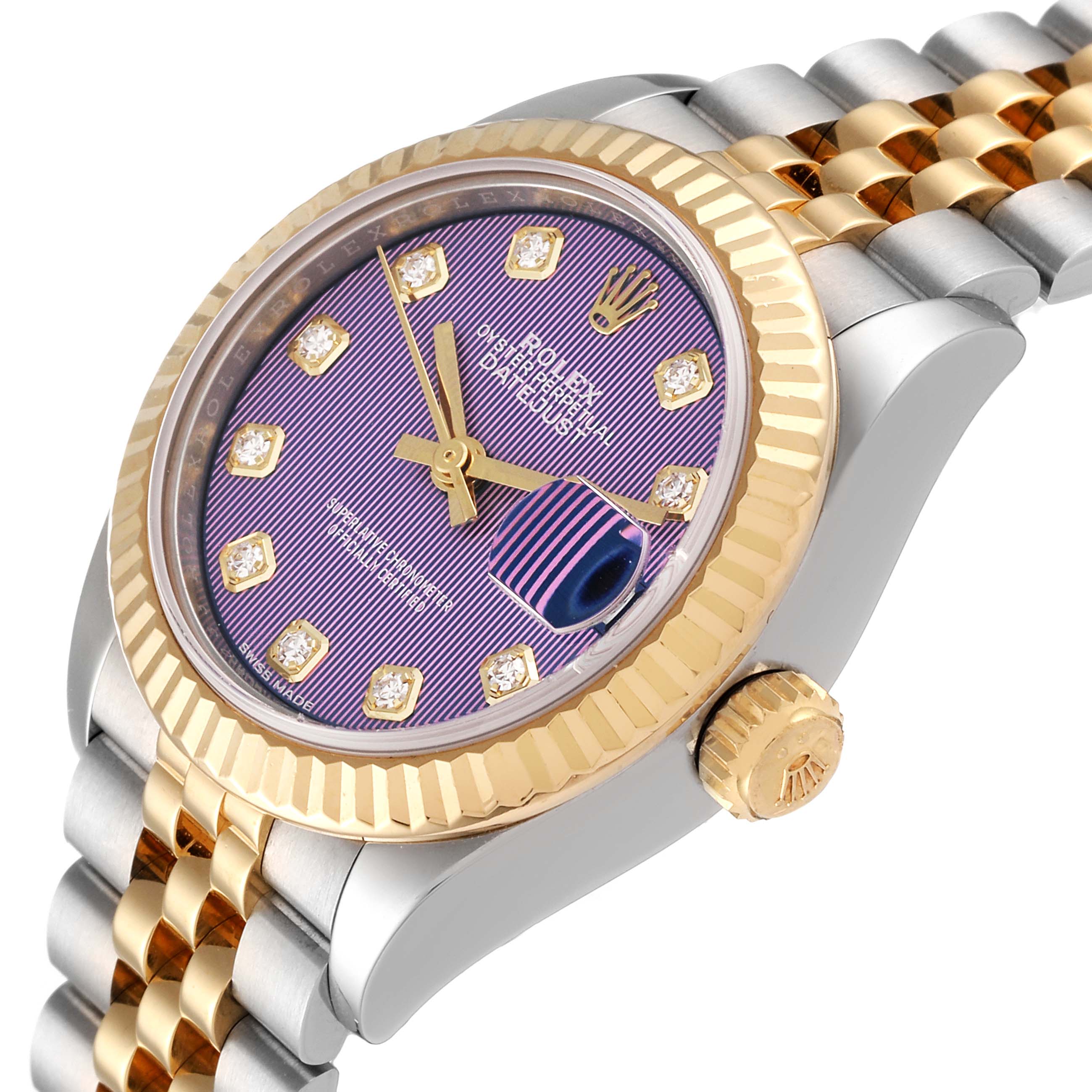 The Rolex Datejust 279173 Women's Steel and Gold (two tone) Purple Dial 279173 Women's Steel and Gold (two tone) Purple Dial watch is shown from an angle highlighting the face, crown, and part of the two-tone bracelet.