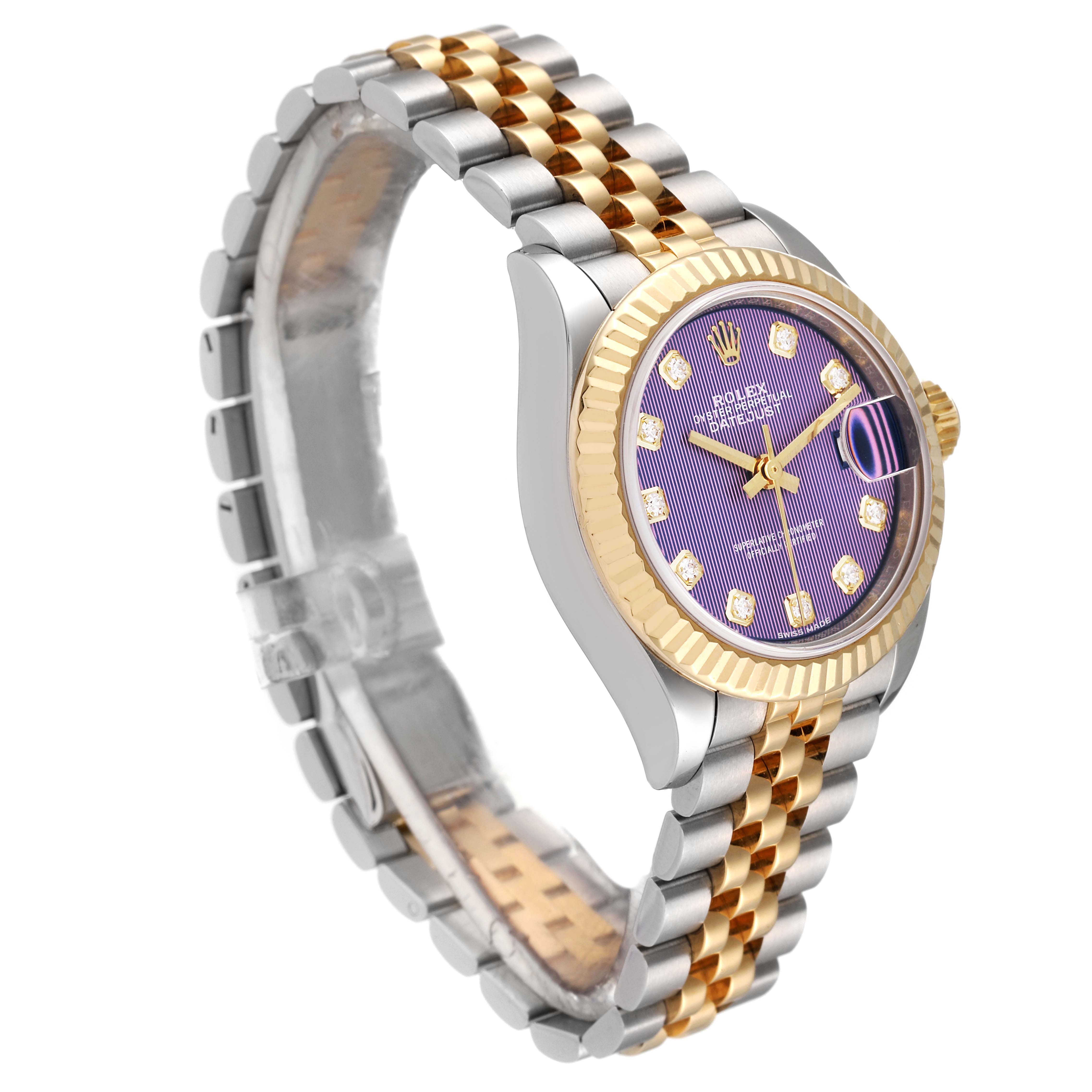 The image shows a Rolex Datejust 279173 Women's Steel and Gold (two tone) Purple Dial 279173 Women's Steel and Gold (two tone) Purple Dial watch from a side angle, highlighting the two-tone bracelet, purple dial, and diamond hour markers.