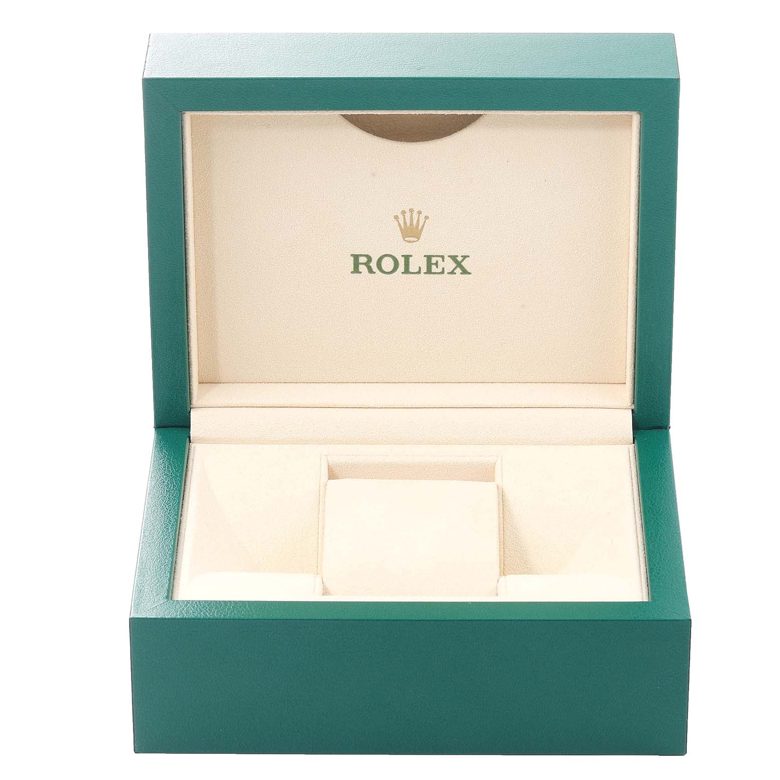 This is an open box for a Rolex Datejust 279173 Women's Steel and Gold (two tone) Purple Dial 279173 Women's Steel and Gold (two tone) Purple Dial watch, showing the interior cushion and compartments from a front angle.