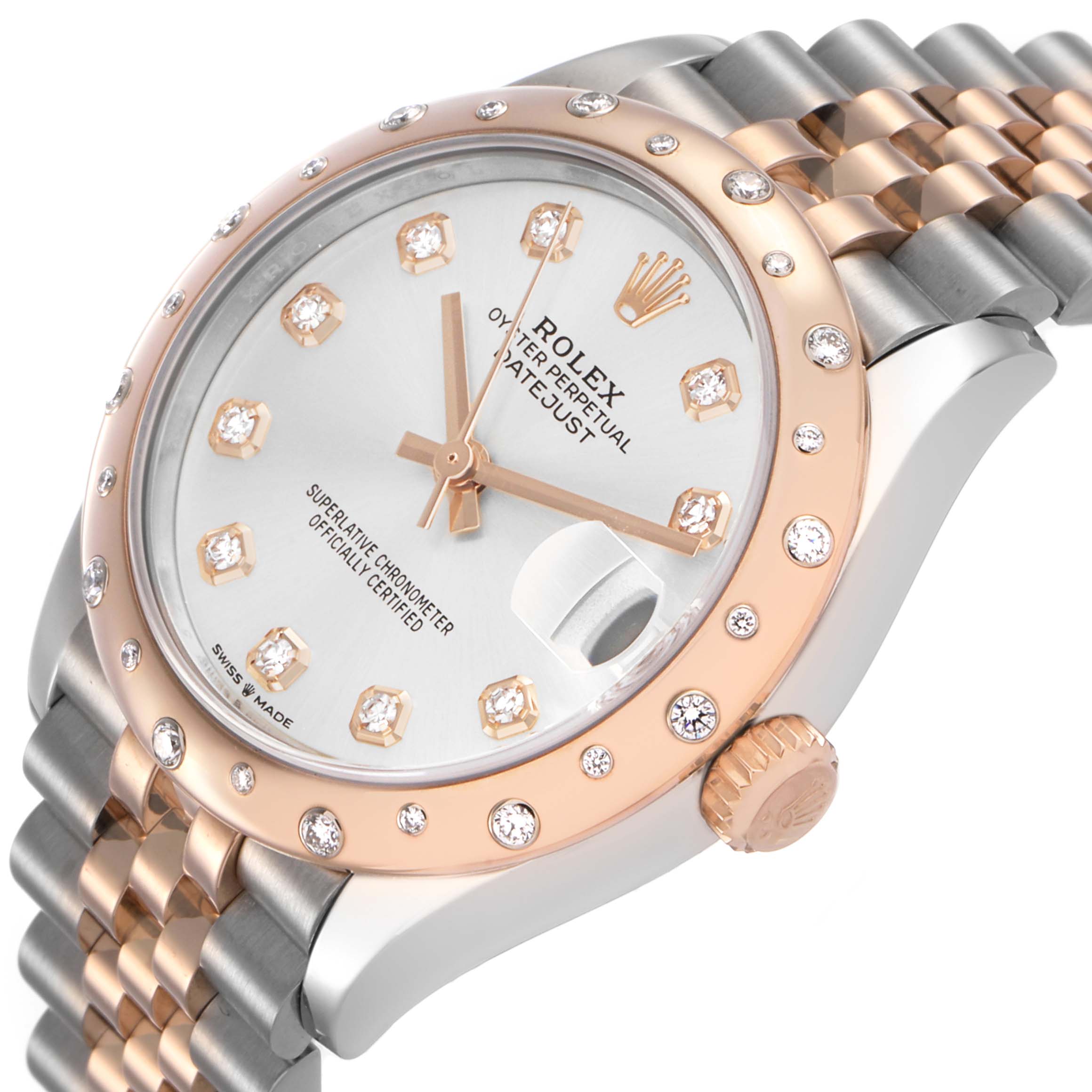 The Rolex Mid-Size 278341 Women's Steel and Gold (two tone) Silver Dial watch is shown from a three-quarter angle, highlighting the diamond-studded bezel, face, and jubilee bracelet.