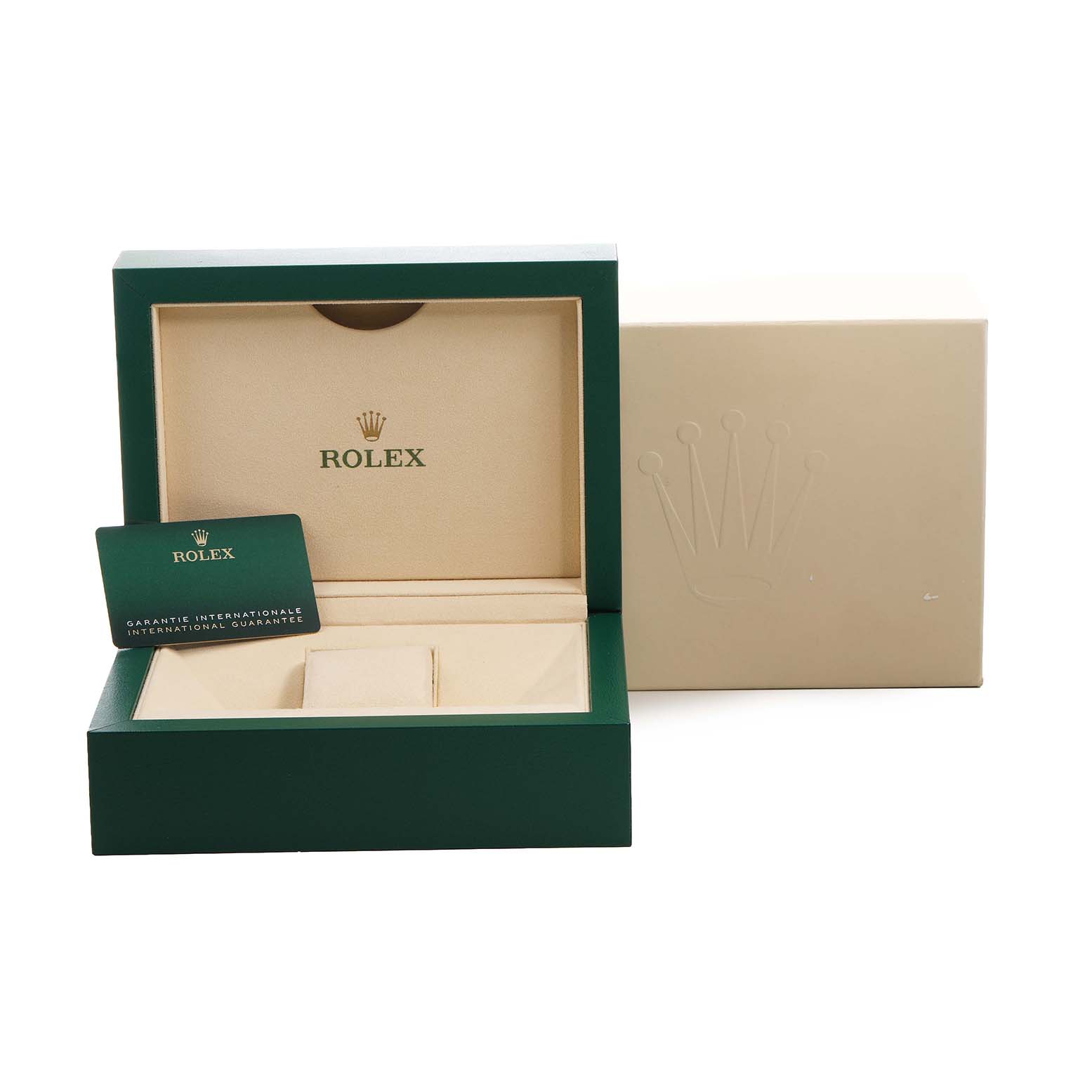 The image shows an open Rolex box for a Mid-Size model, with guarantee card and packaging.