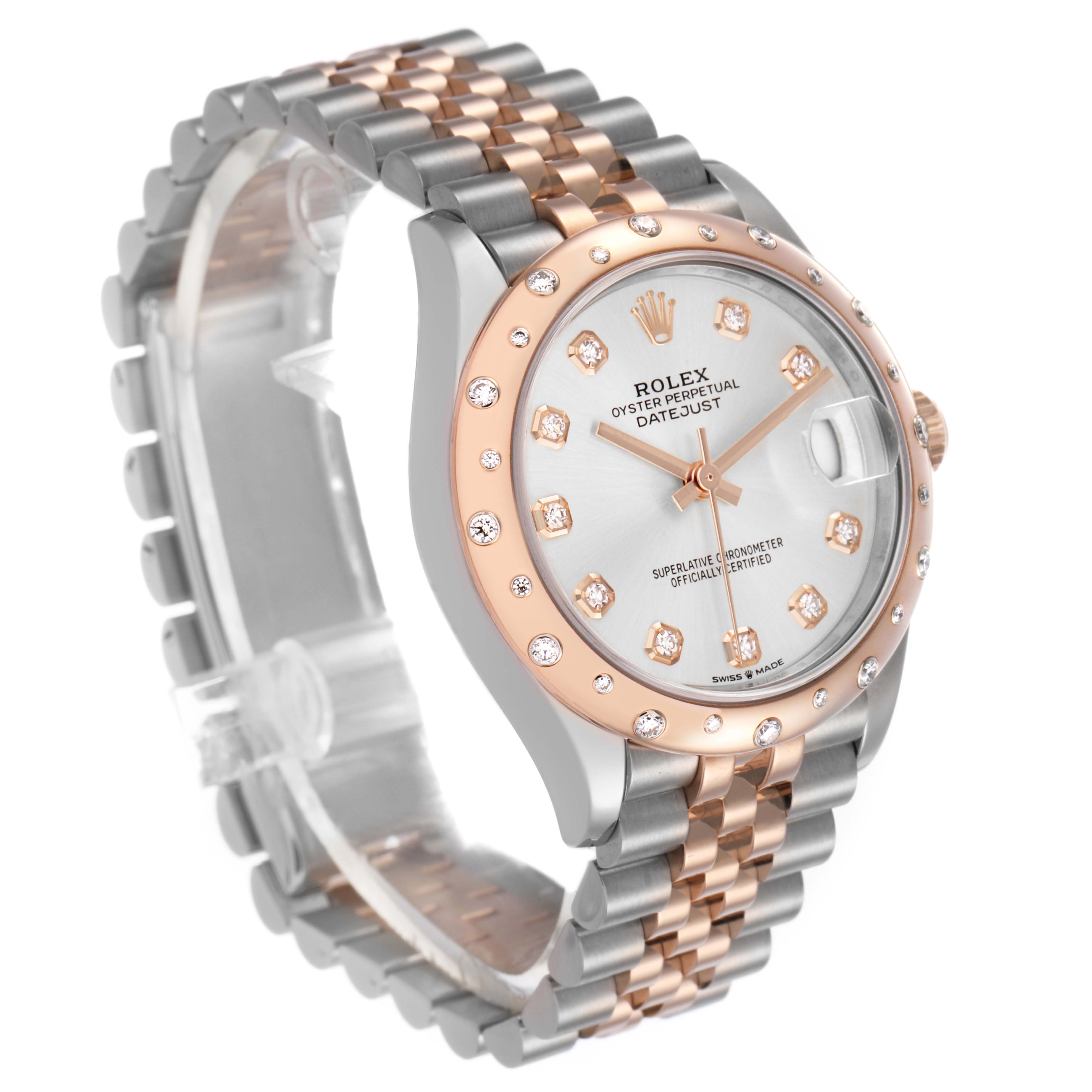 The Rolex Datejust Mid-Size watch is shown at an oblique angle, highlighting the face, bezel, and bracelet.