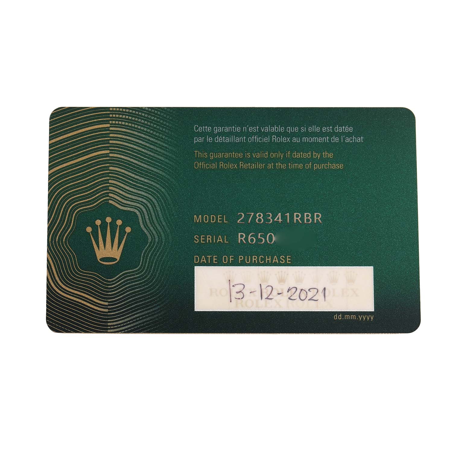 The image shows a Rolex warranty card for the Mid-Size model 278341RBR, displaying model, serial number, and purchase date.