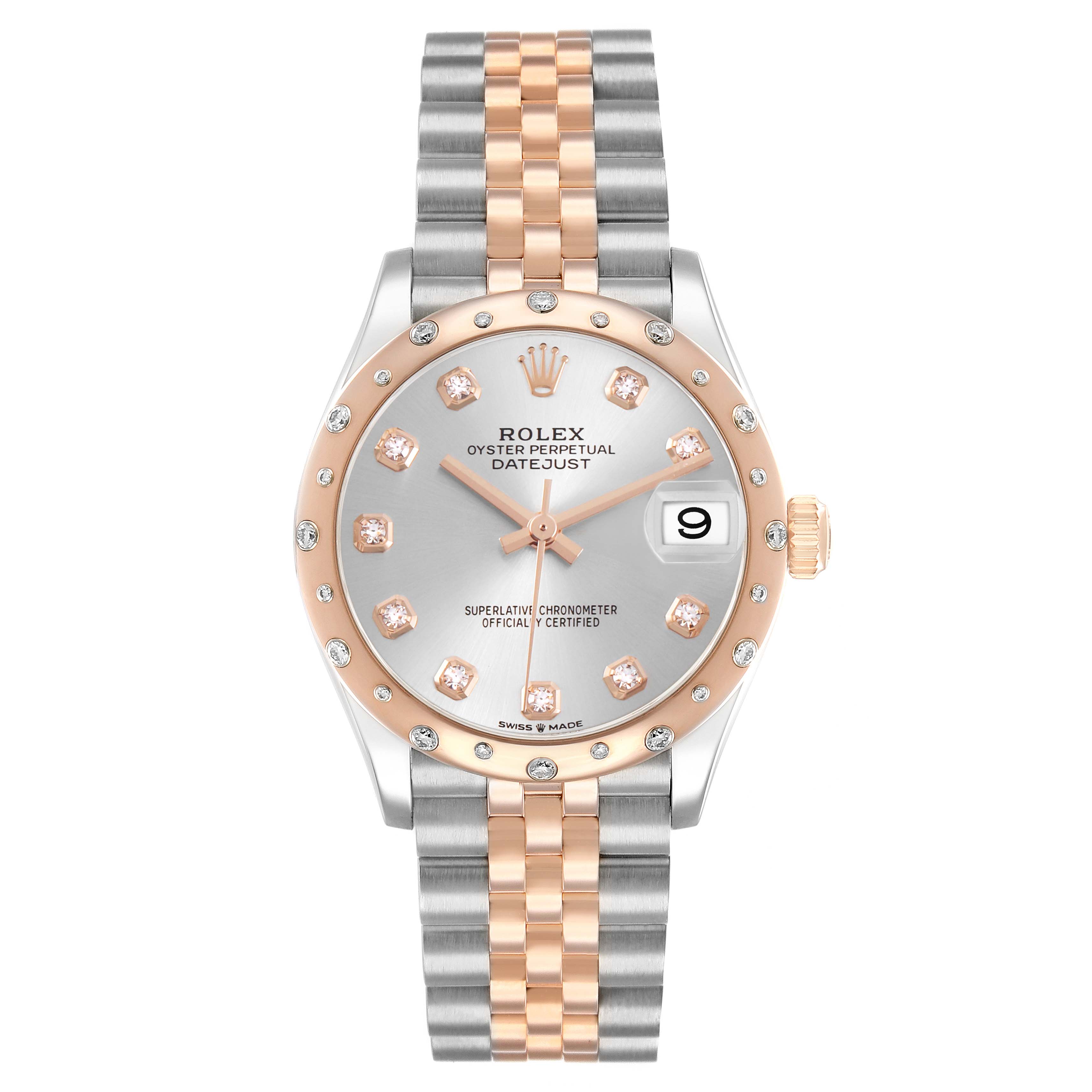 The Rolex Datejust Mid-Size watch is shown from the front, displaying its face, bezel, and bracelet.