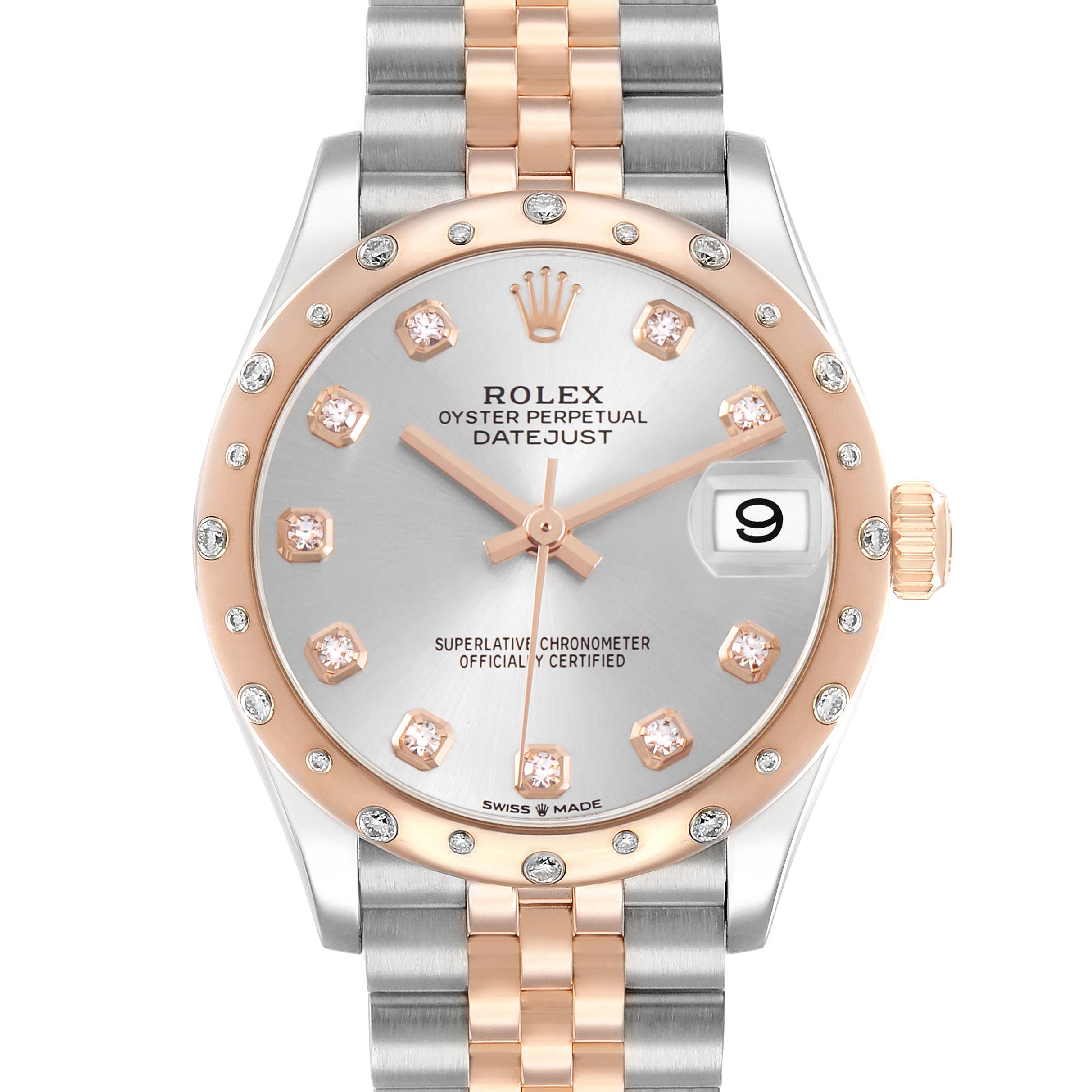This image shows a front view of the Rolex Datejust Mid-Size watch, highlighting its two-tone bracelet, diamond markers, and date window.