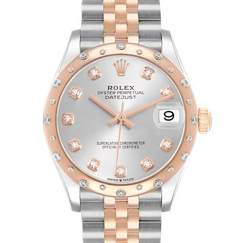 The Rolex Datejust Mid-Size watch is shown from a front angle, highlighting the dial, bezel, bracelet, and crown.