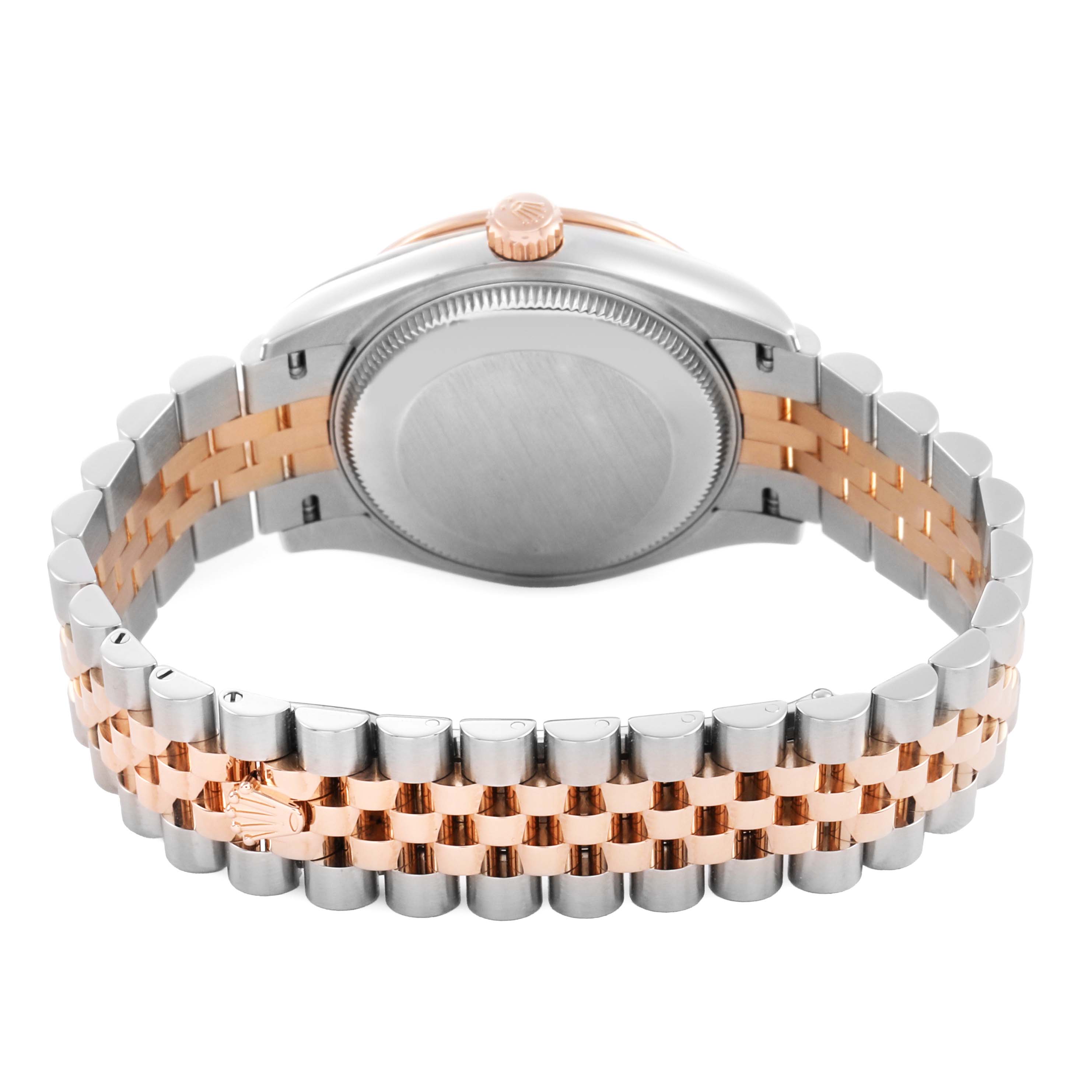 The Rolex Mid-Size 278341 Women's Steel and Gold (two tone) Silver Dial model is shown from the back, highlighting the case back and two-tone bracelet.