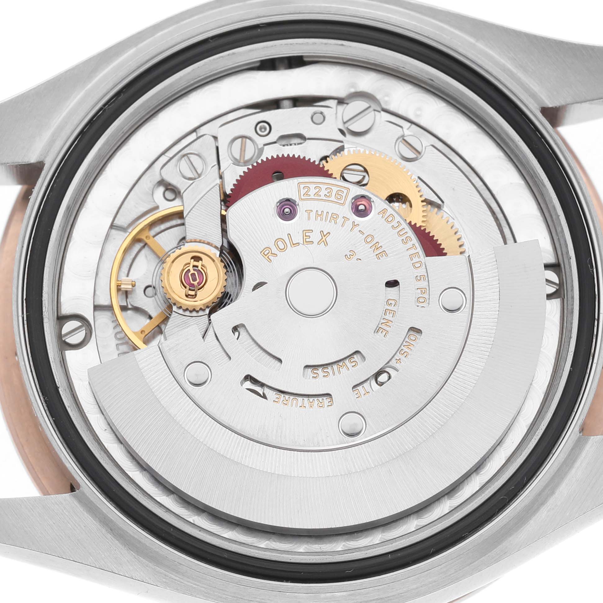 The image shows the movement of a Rolex Mid-Size 278341 Women's Steel and Gold (two tone) Silver Dial watch from a direct, rear angle.