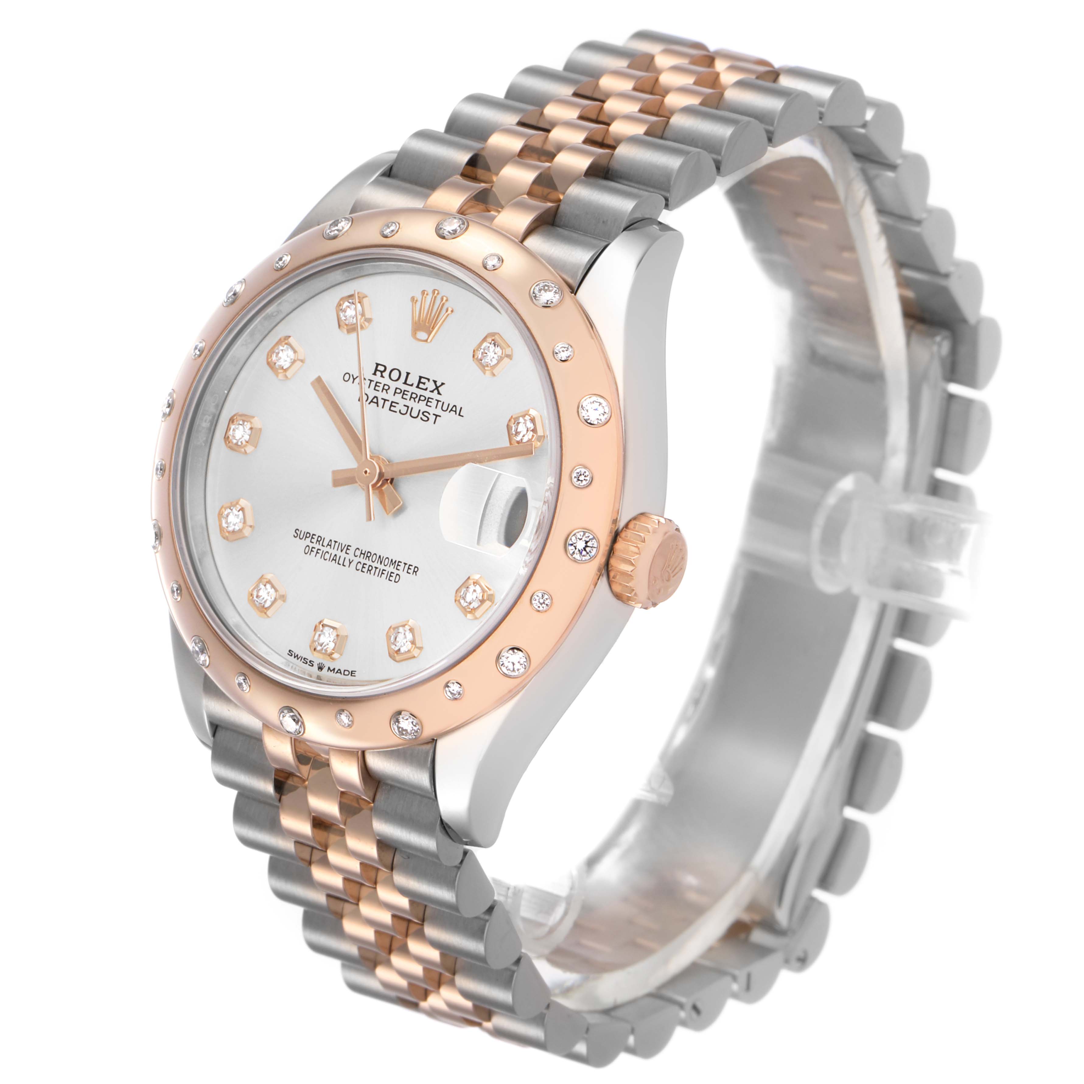 The Rolex Mid-Size 278341 Women's Steel and Gold (two tone) Silver Dial watch is shown at a three-quarter angle, highlighting the face, bezel, crown, and bracelet.