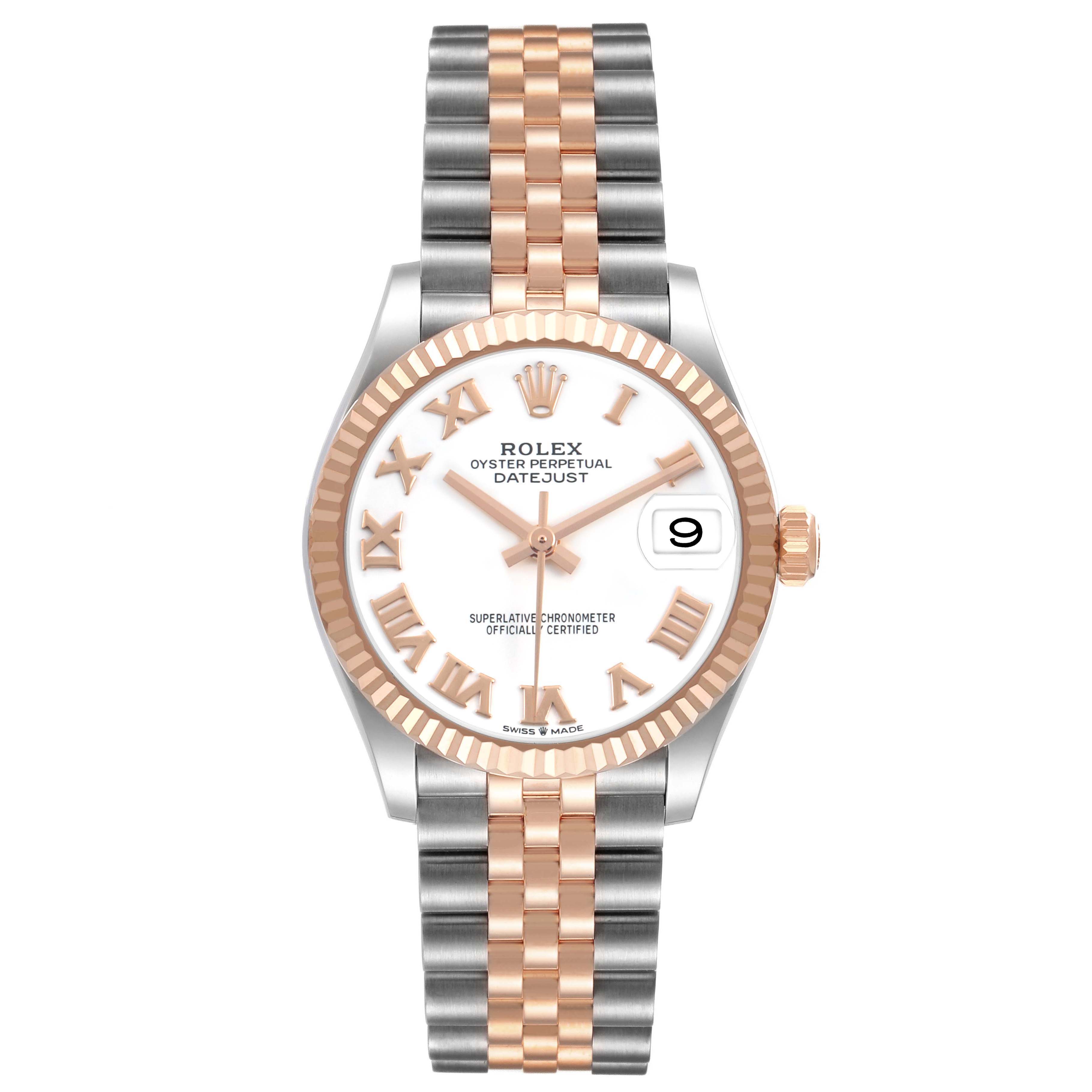The Rolex Datejust Mid-Size watch is shown in a front view with a two-tone bracelet, fluted bezel, and white dial with Roman numerals.