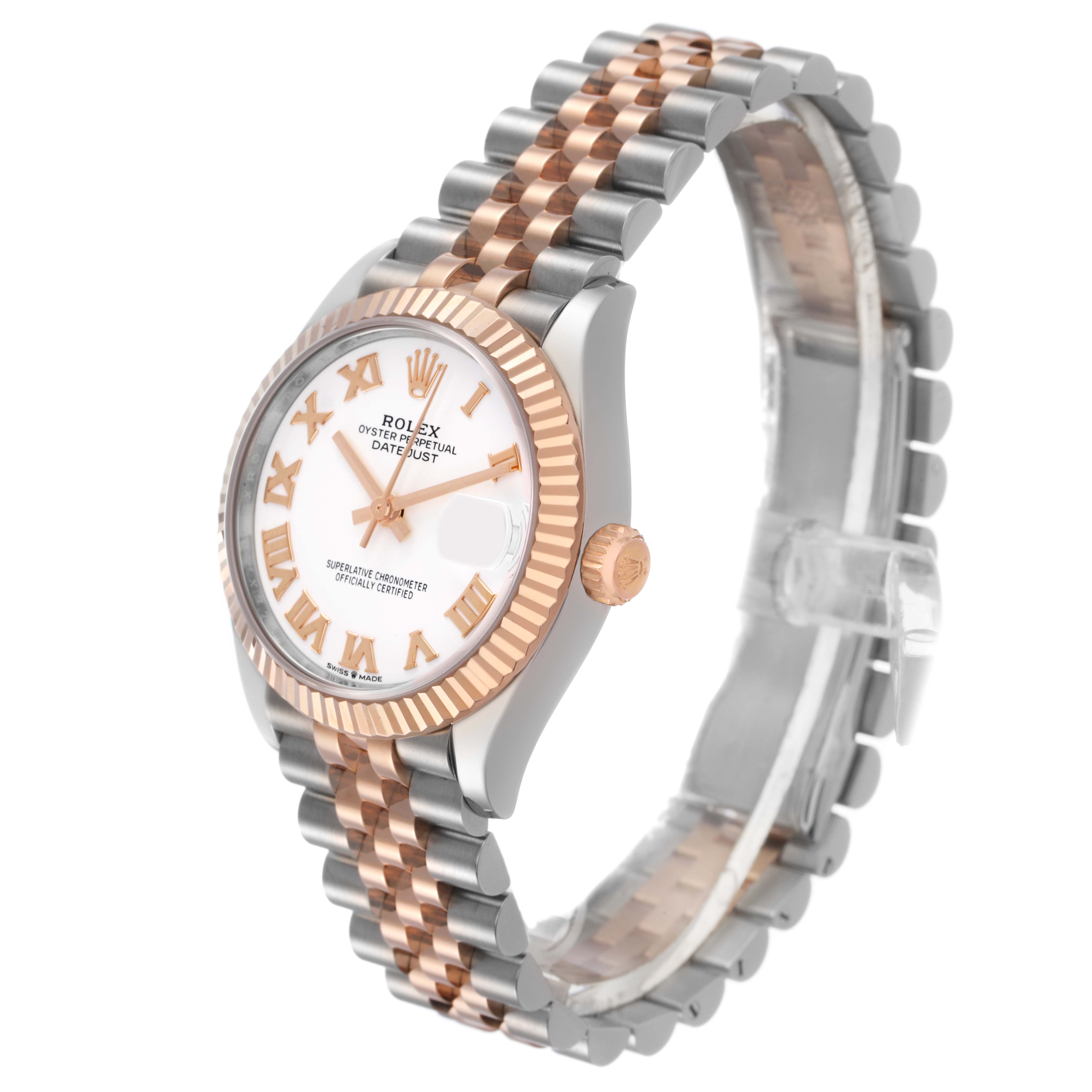 The image shows a Rolex Mid-Size 278271 Women's Rose Gold White Dial Datejust watch at a 3/4 angle, highlighting the two-tone bracelet and fluted bezel.