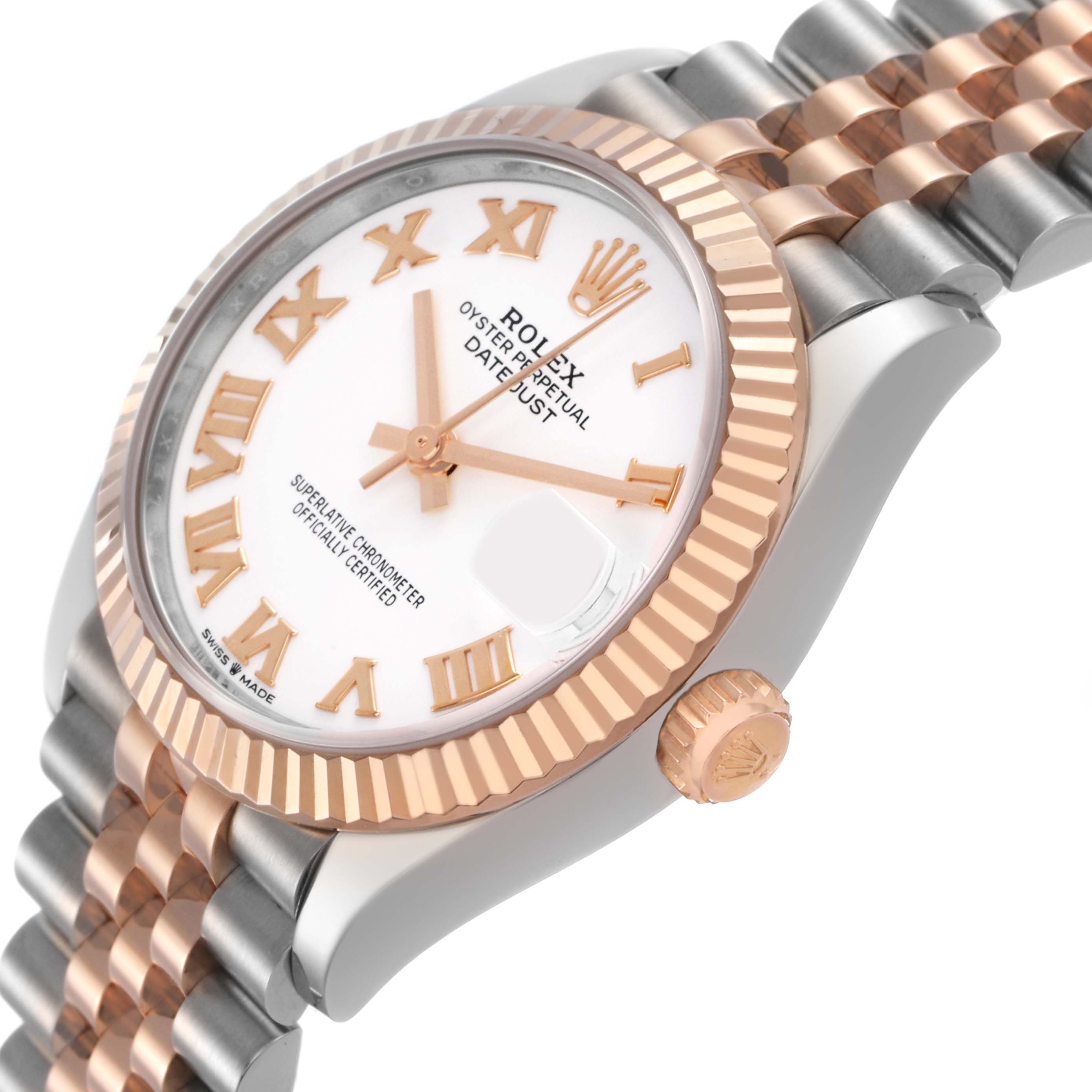 The Rolex Datejust Mid-Size is shown at a side angle, highlighting the bezel, dial, crown, and two-tone bracelet.