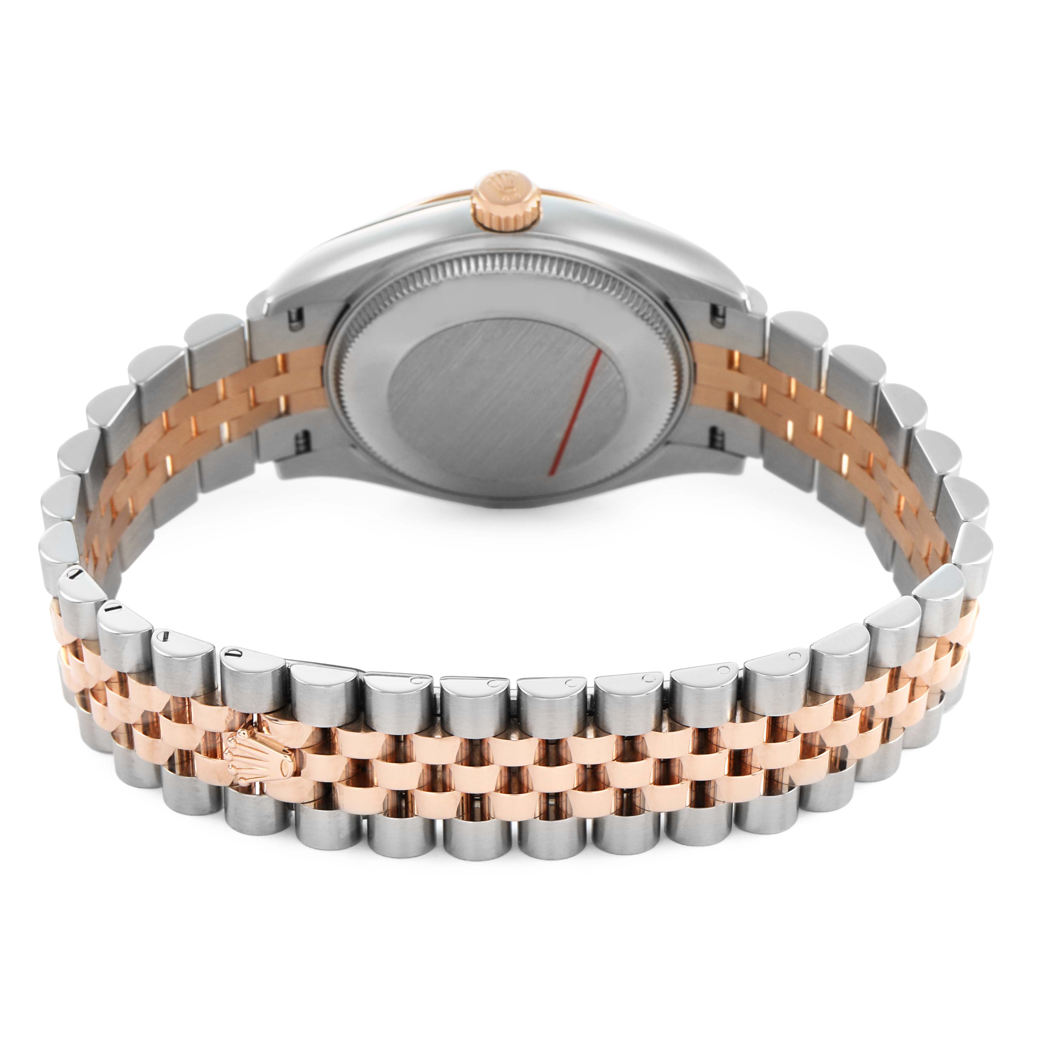 The Rolex Mid-Size 278271 Women's Rose Gold White Dial watch is shown from the back, highlighting the case and Jubilee bracelet in a two-tone metal.