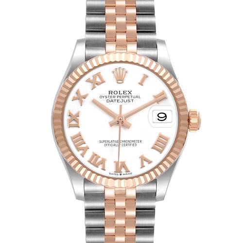 The Rolex Datejust Mid-Size watch is shown from the front, displaying its face, bezel, and bracelet.