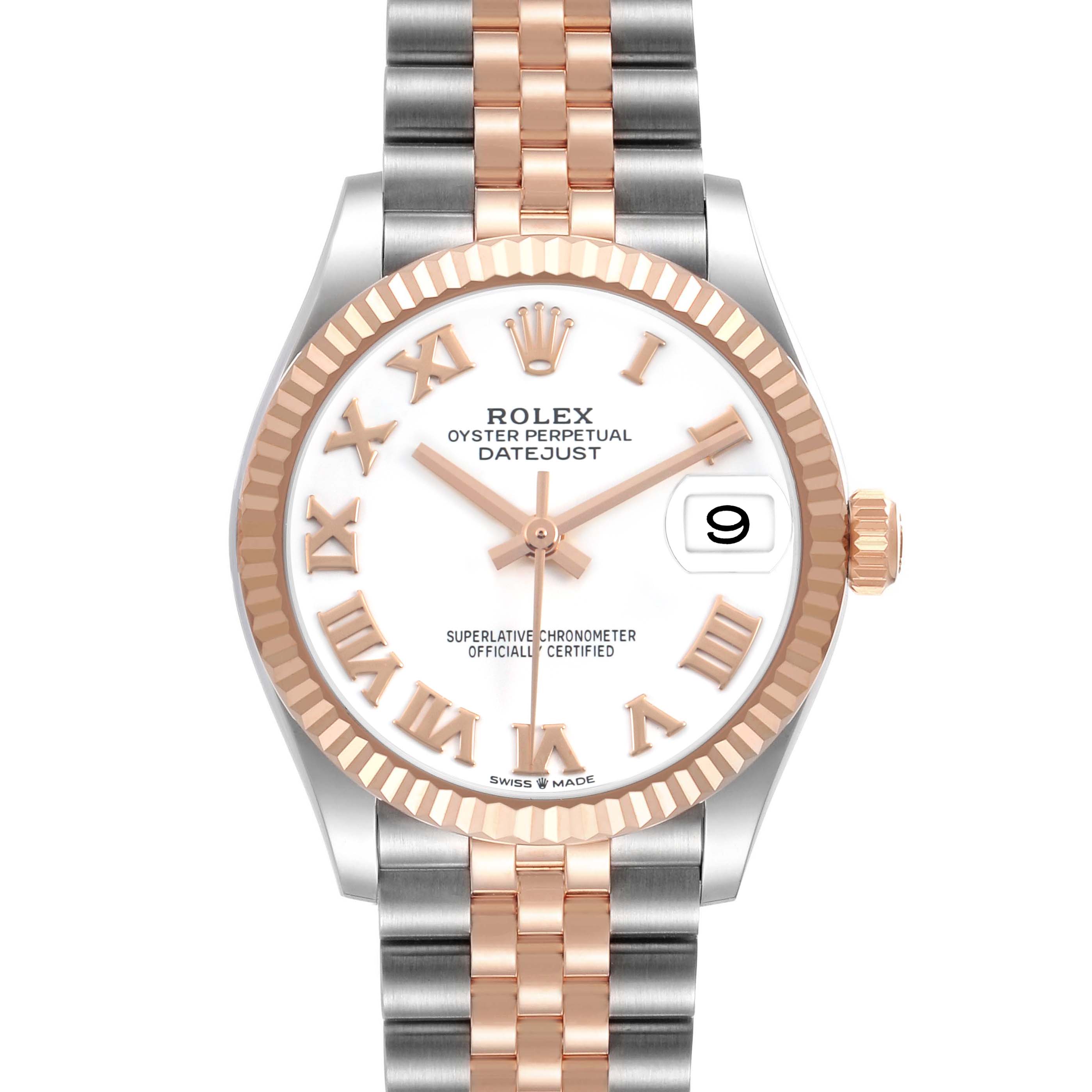 The Rolex Datejust Mid-Size watch is shown from the front, displaying the dial, bezel, crown, and bracelet.