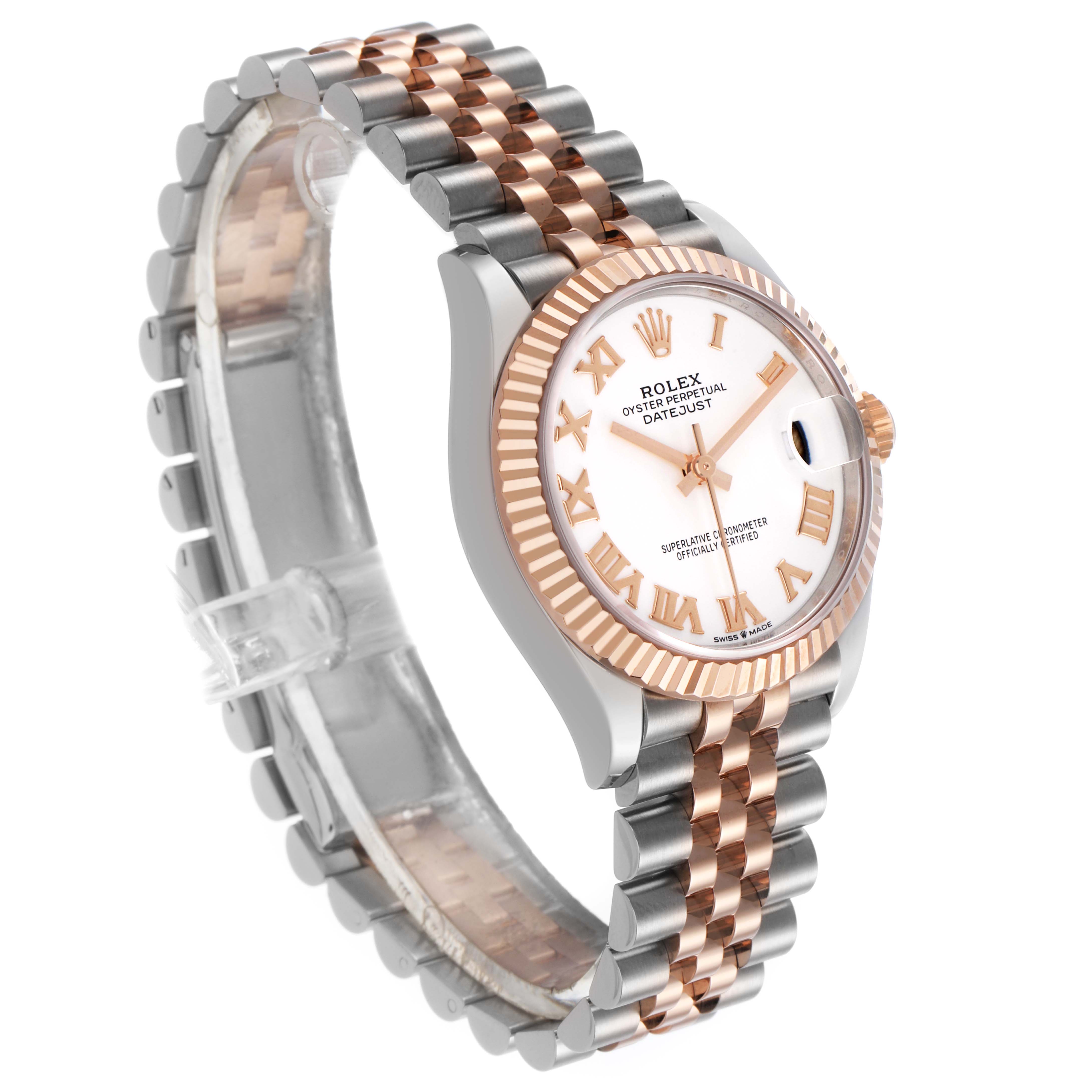 The Rolex Mid-Size 278271 Women's Rose Gold White Dial watch is shown at a three-quarter angle, highlighting its dual-tone bracelet, fluted bezel, and dial.