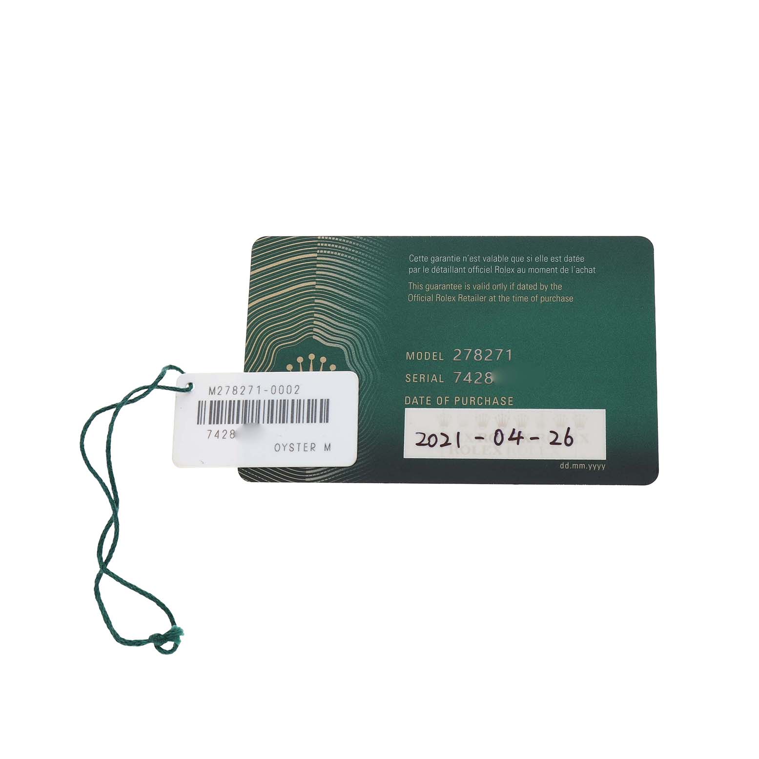 The image shows a warranty card for a Rolex Mid-Size 278271 Women's Rose Gold White Dial model with model and serial numbers visible, alongside a tag.