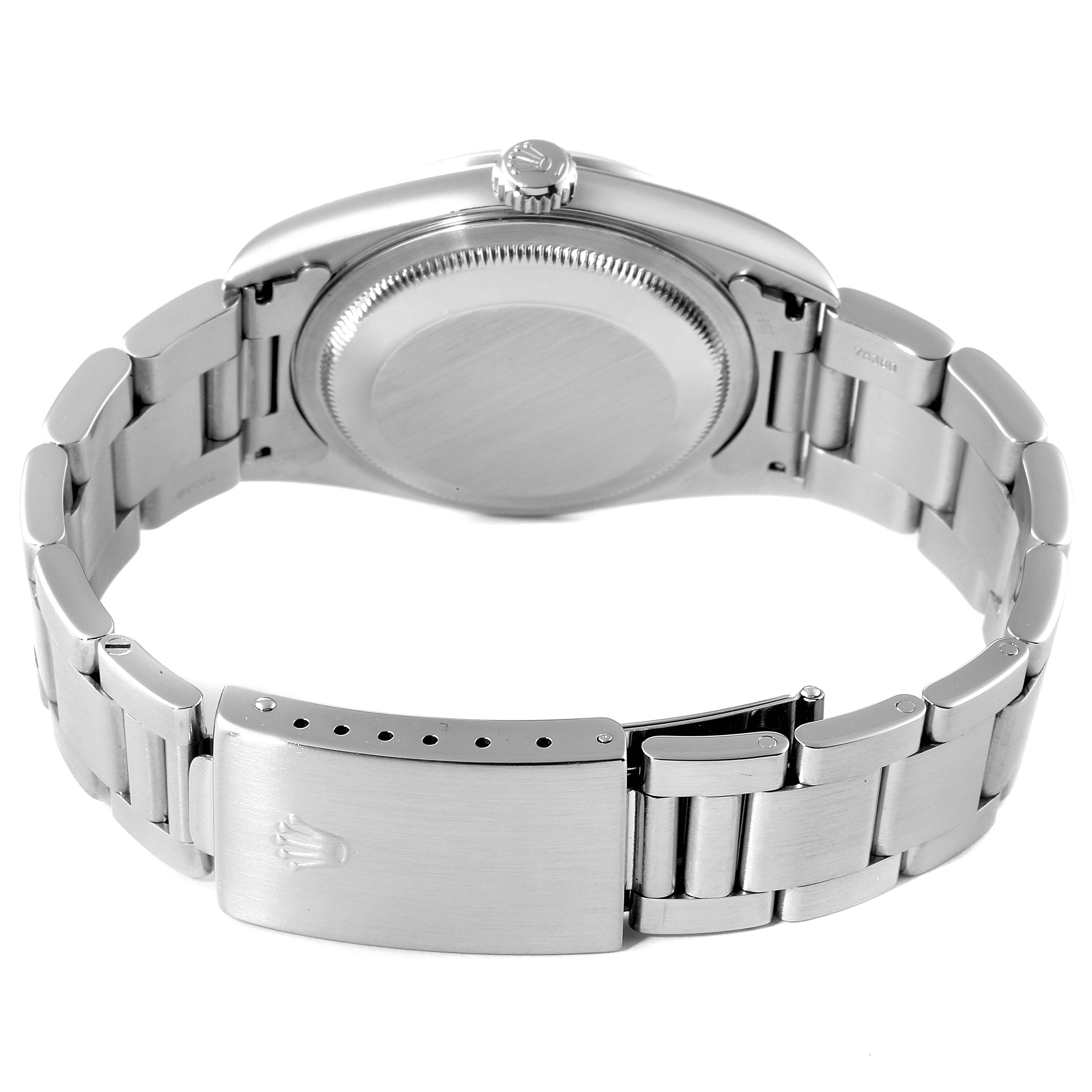 This image shows the backside and clasp of the Rolex Datejust 16200 Men's Stainless Steel Silver Dial 16200 Men's Stainless Steel Silver Dial, highlighting the bracelet and case back.