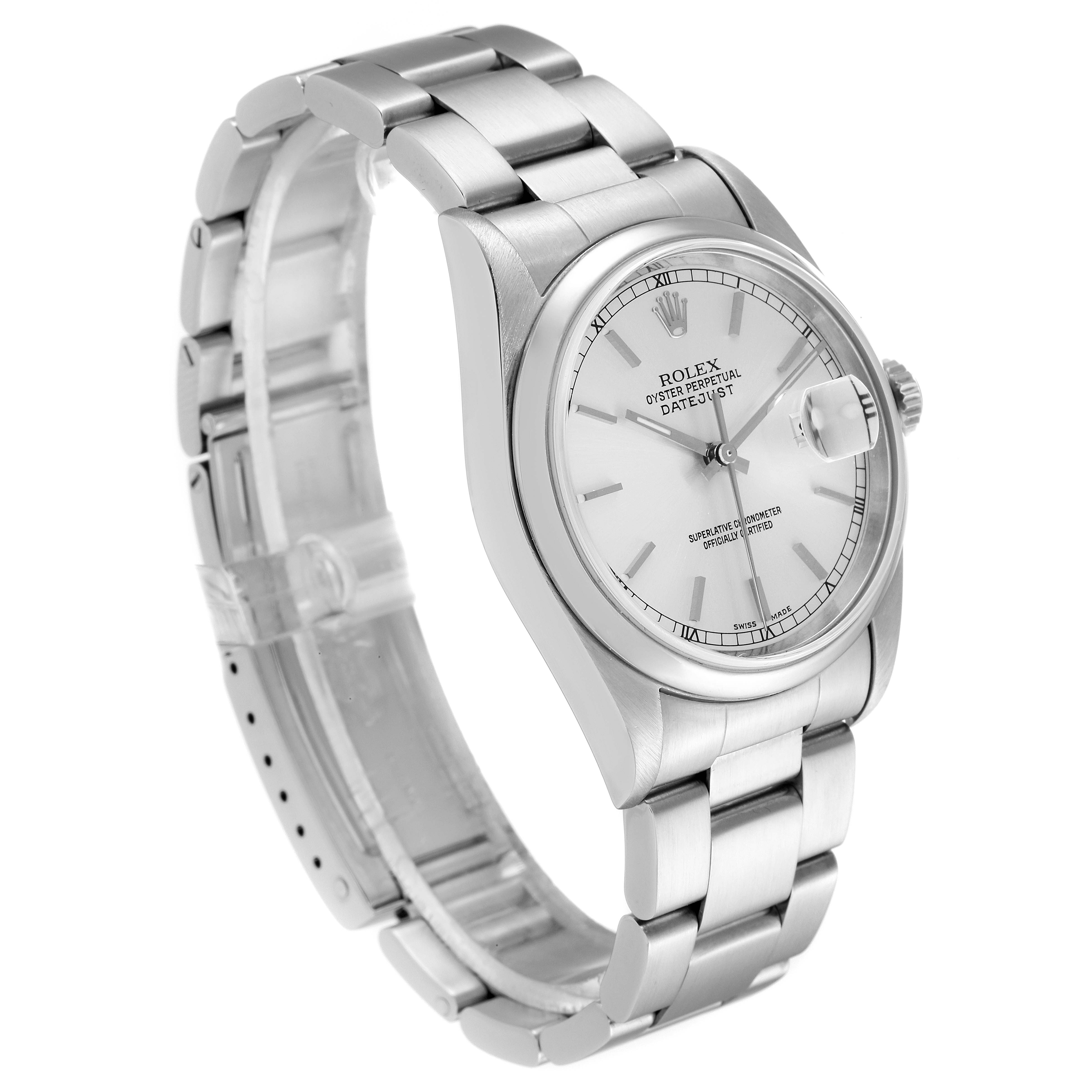The image shows a Rolex Datejust 16200 Men's Stainless Steel Silver Dial 16200 Men's Stainless Steel Silver Dial watch at an angled side view, highlighting the bracelet, crown, and face.