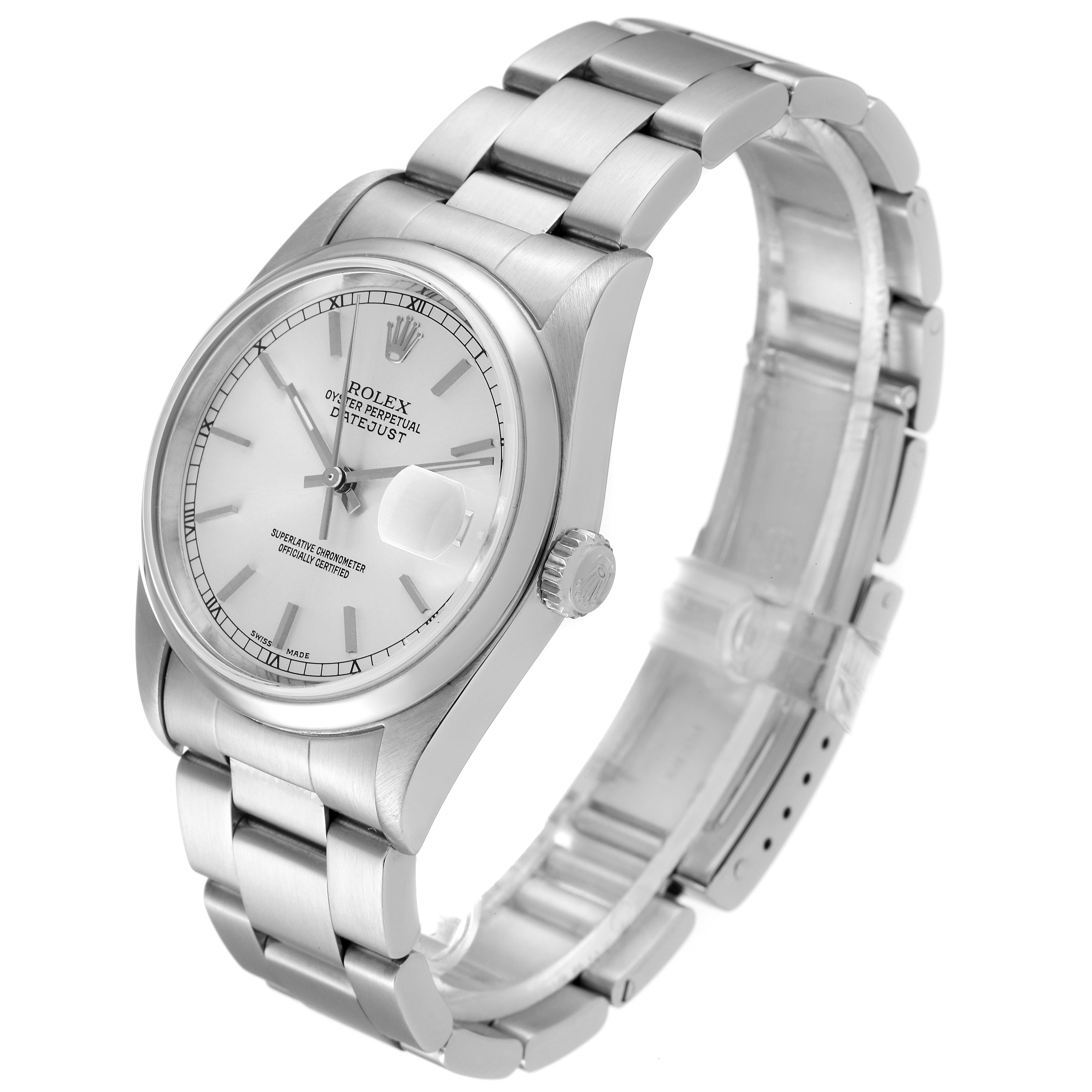 The Rolex Datejust 16200 Men's Stainless Steel Silver Dial 16200 Men's Stainless Steel Silver Dial watch is shown in a three-quarter angle, displaying the face, bezel, crown, and stainless steel bracelet.
