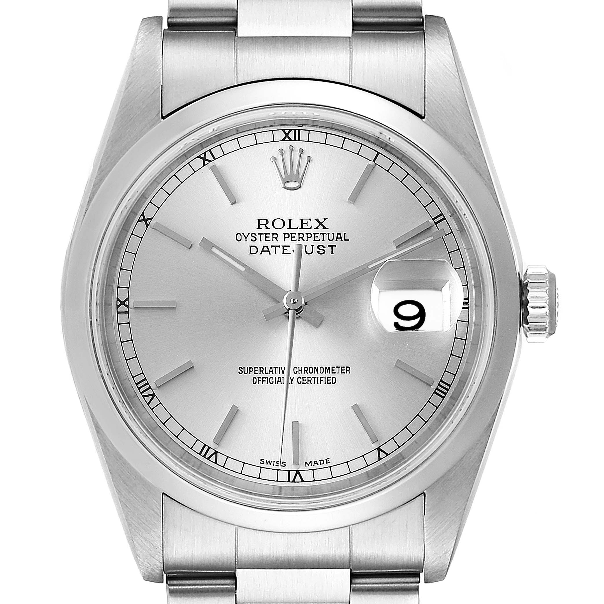 The image shows a front view of a Rolex Datejust 16200 Men's Stainless Steel Silver Dial 16200 Men's Stainless Steel Silver Dial watch, featuring the dial, hands, date window, and part of the bracelet.