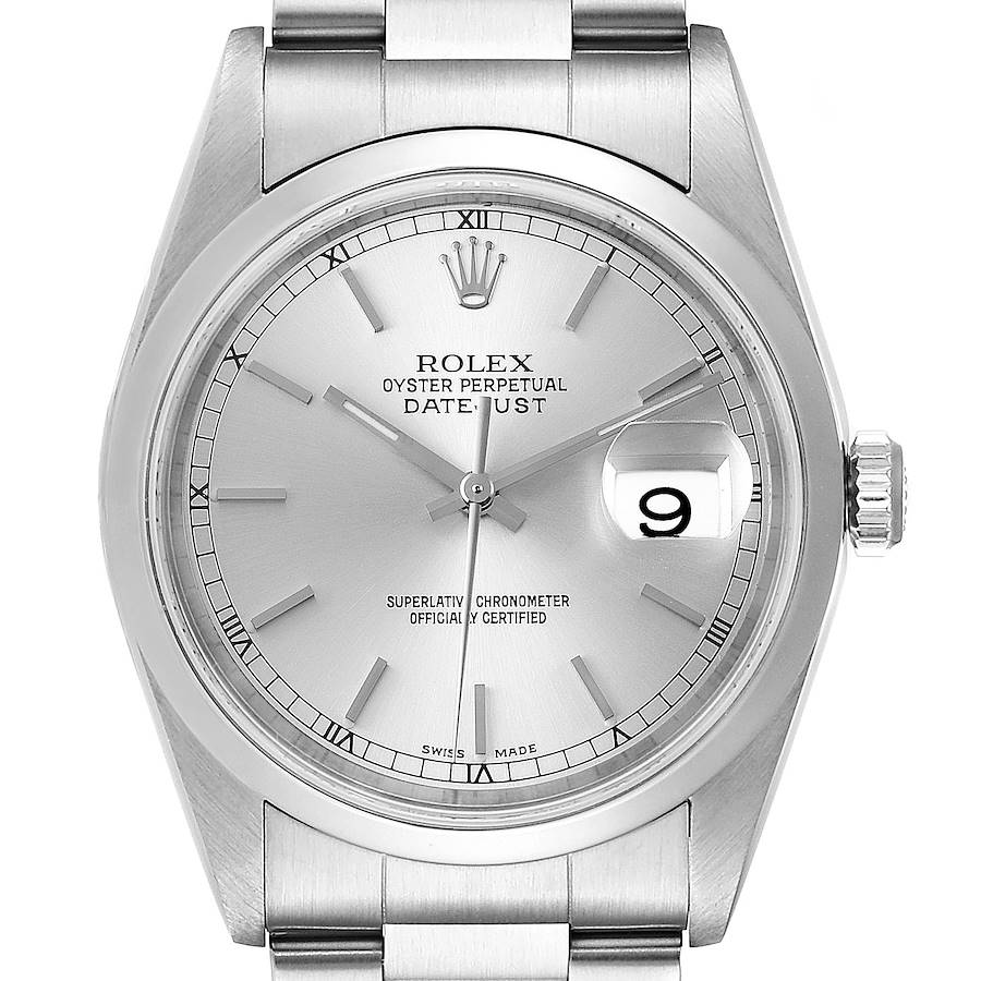 Rolex Datejust 36 Silver Baton Dial Steel Mens Watch 16200 SwissWatchExpo