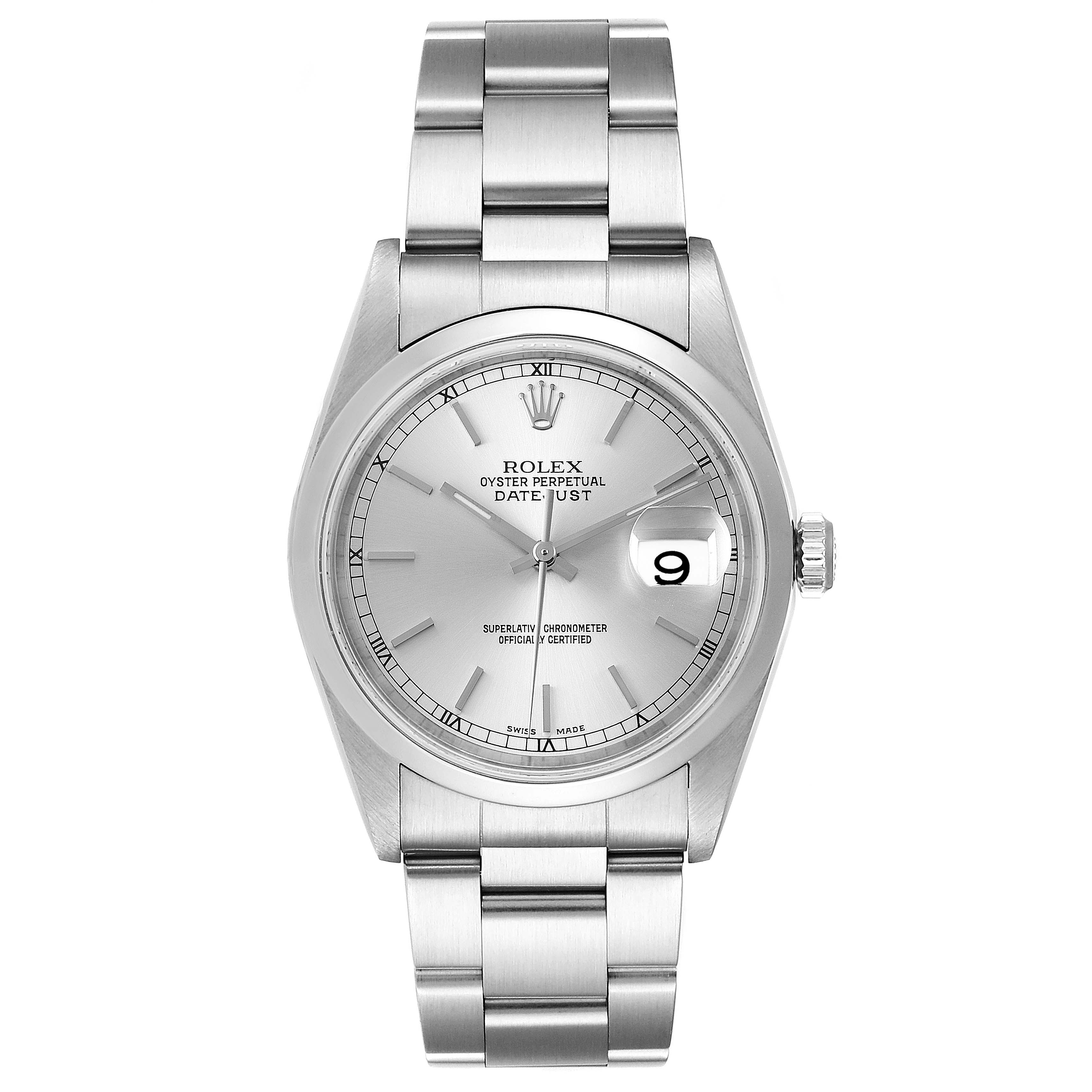 The image shows a frontal view of the Rolex Datejust 16200 Men's Stainless Steel Silver Dial 16200 Men's Stainless Steel Silver Dial watch, displaying its face, bezel, bracelet, and crown.