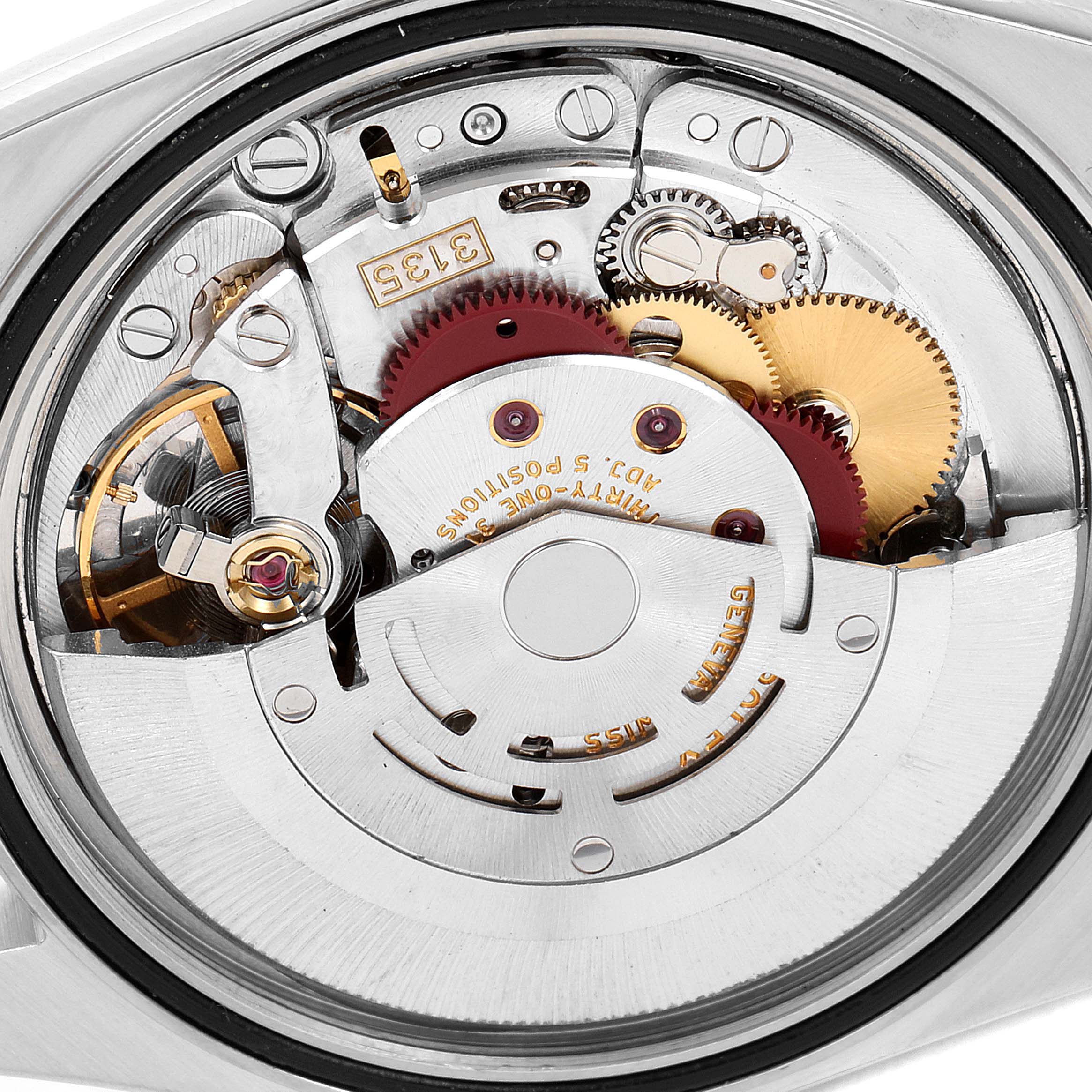 This is an internal view of the Rolex Datejust 16200 Men's Stainless Steel Silver Dial 16200 Men's Stainless Steel Silver Dial watch showing its detailed mechanical movement components.