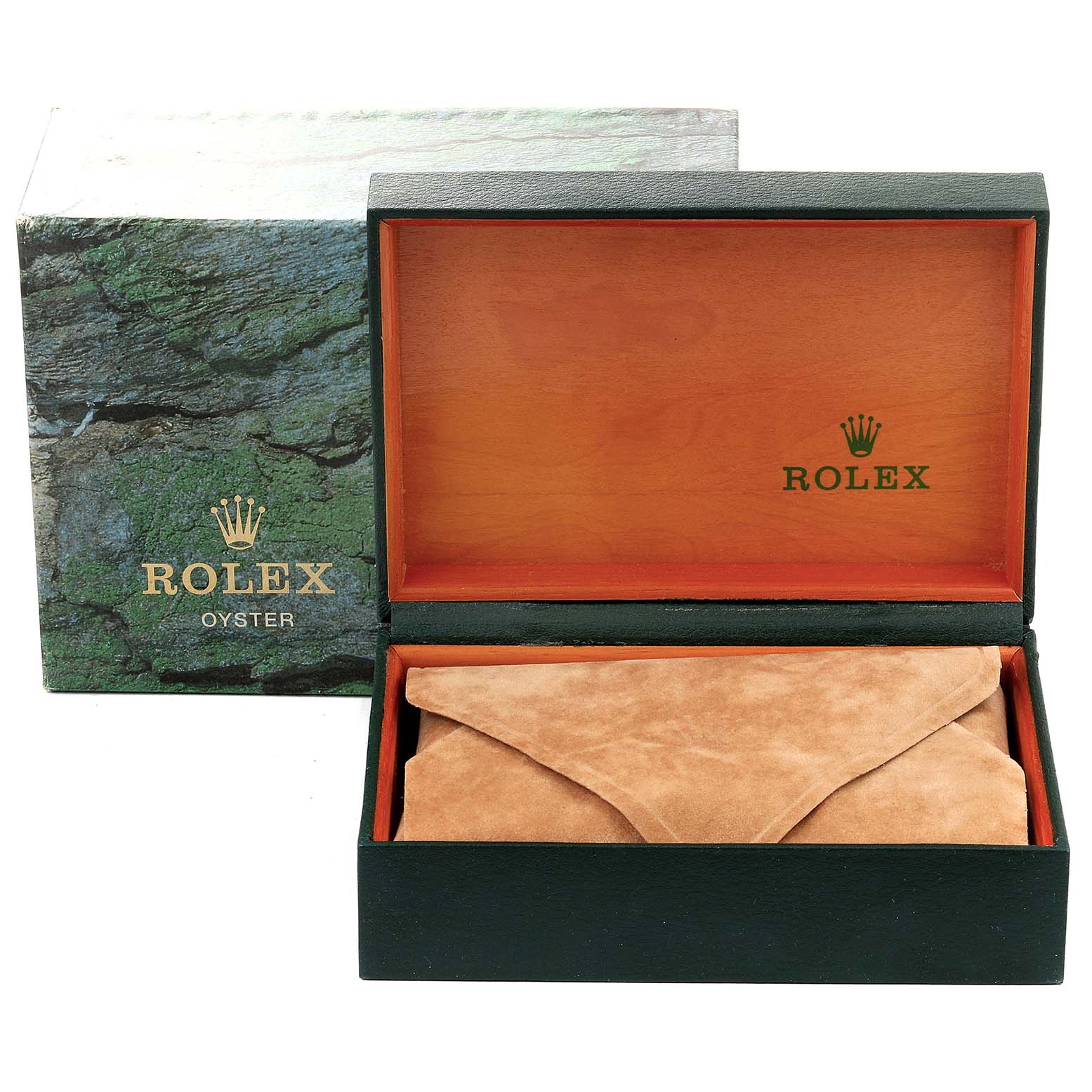 This is the packaging for a Rolex Datejust 16200 Men's Stainless Steel Silver Dial 16200 Men's Stainless Steel Silver Dial watch, showing an opened wooden box with a suede pouch inside and a green outer box.