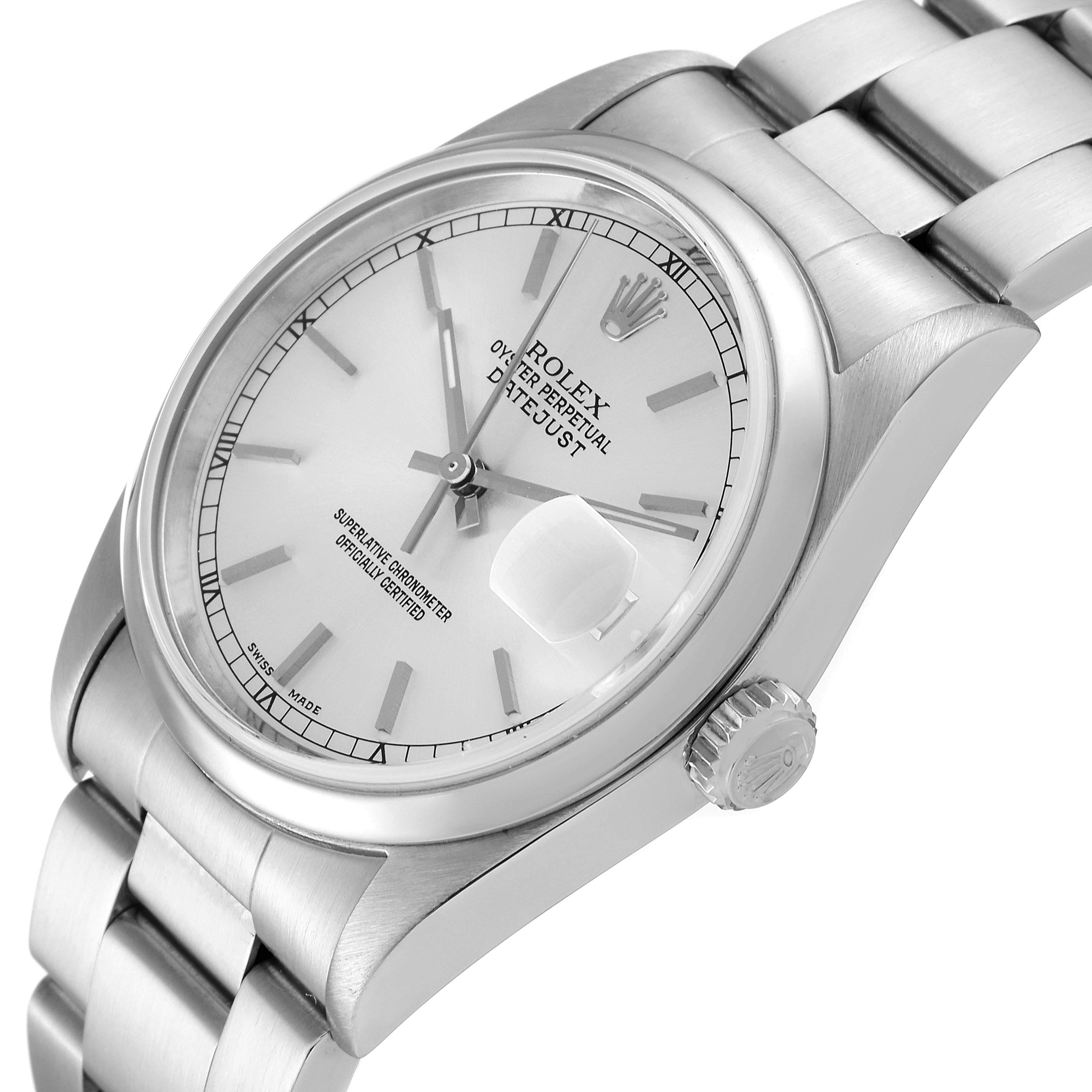 The image shows a Rolex Datejust 16200 Men's Stainless Steel Silver Dial 16200 Men's Stainless Steel Silver Dial watch at an angled view, displaying its face, crown, and bracelet.