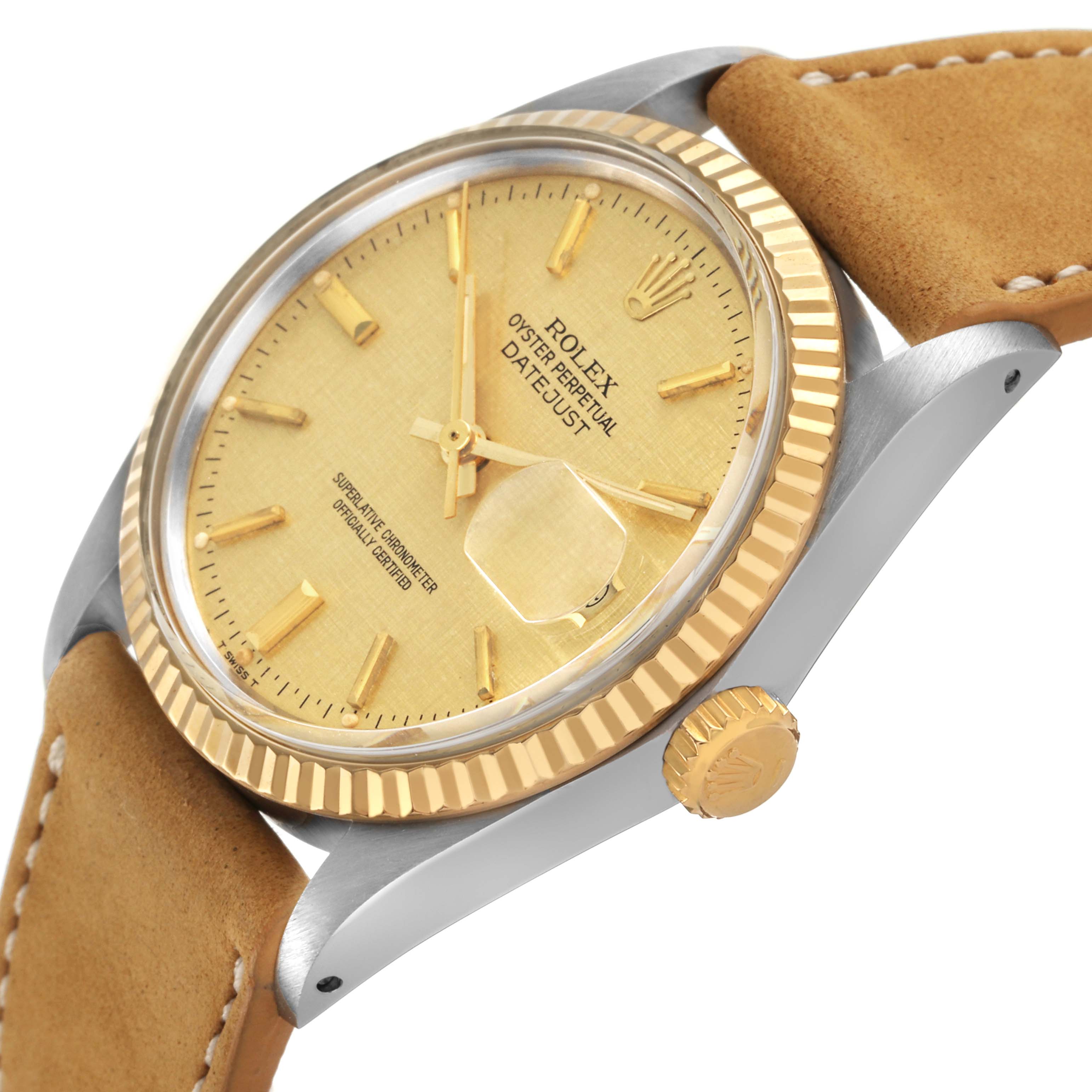 The Rolex Vintage Collection 16013 Men's Steel and Gold (two tone) Champagne Dial model is shown at a slight angle, highlighting its gold bezel, dial, and tan leather strap.