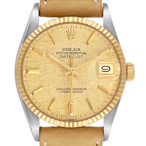 The Rolex Vintage Collection 16013 Men's Steel and Gold (two tone) Champagne Dial model is shown from the front, displaying the dial, hands, date window, and crown.