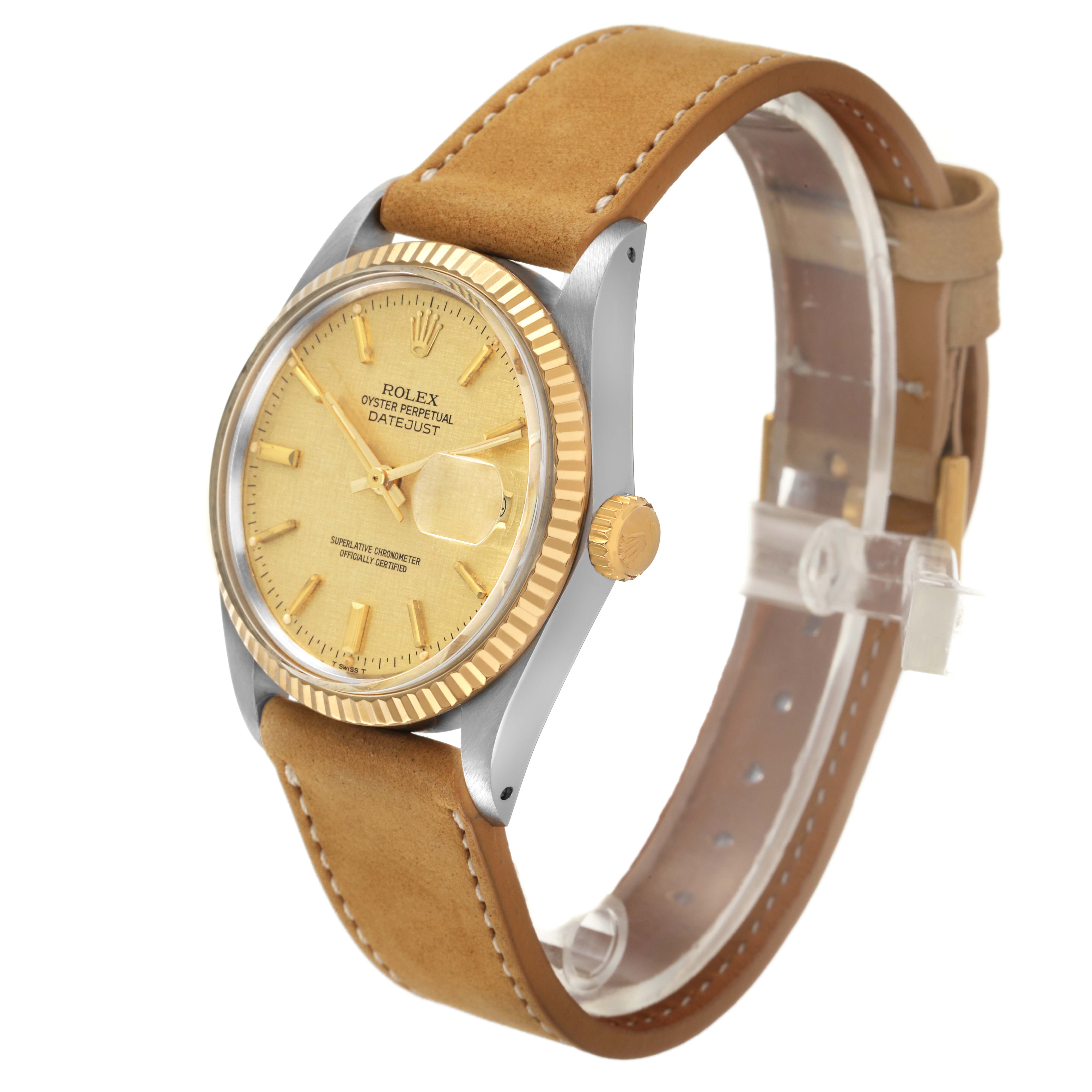 The Rolex Vintage Collection 16013 Men's Steel and Gold (two tone) Champagne Dial model is shown at a three-quarter angle, highlighting the dial, bezel, crown, and leather strap.