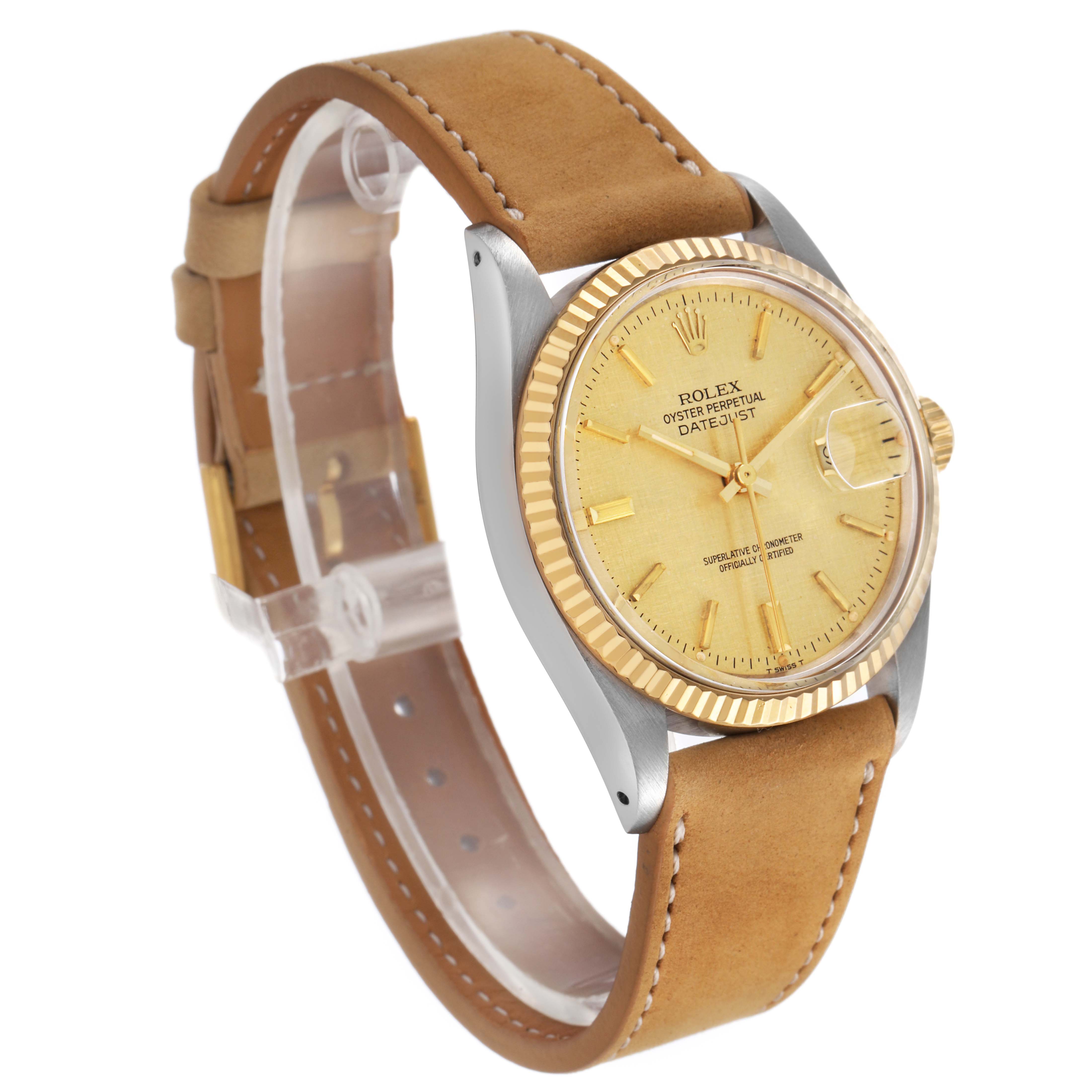 The Rolex Vintage Collection 16013 Men's Steel and Gold (two tone) Champagne Dial watch is shown at an angled view highlighting the face, bezel, and leather strap.