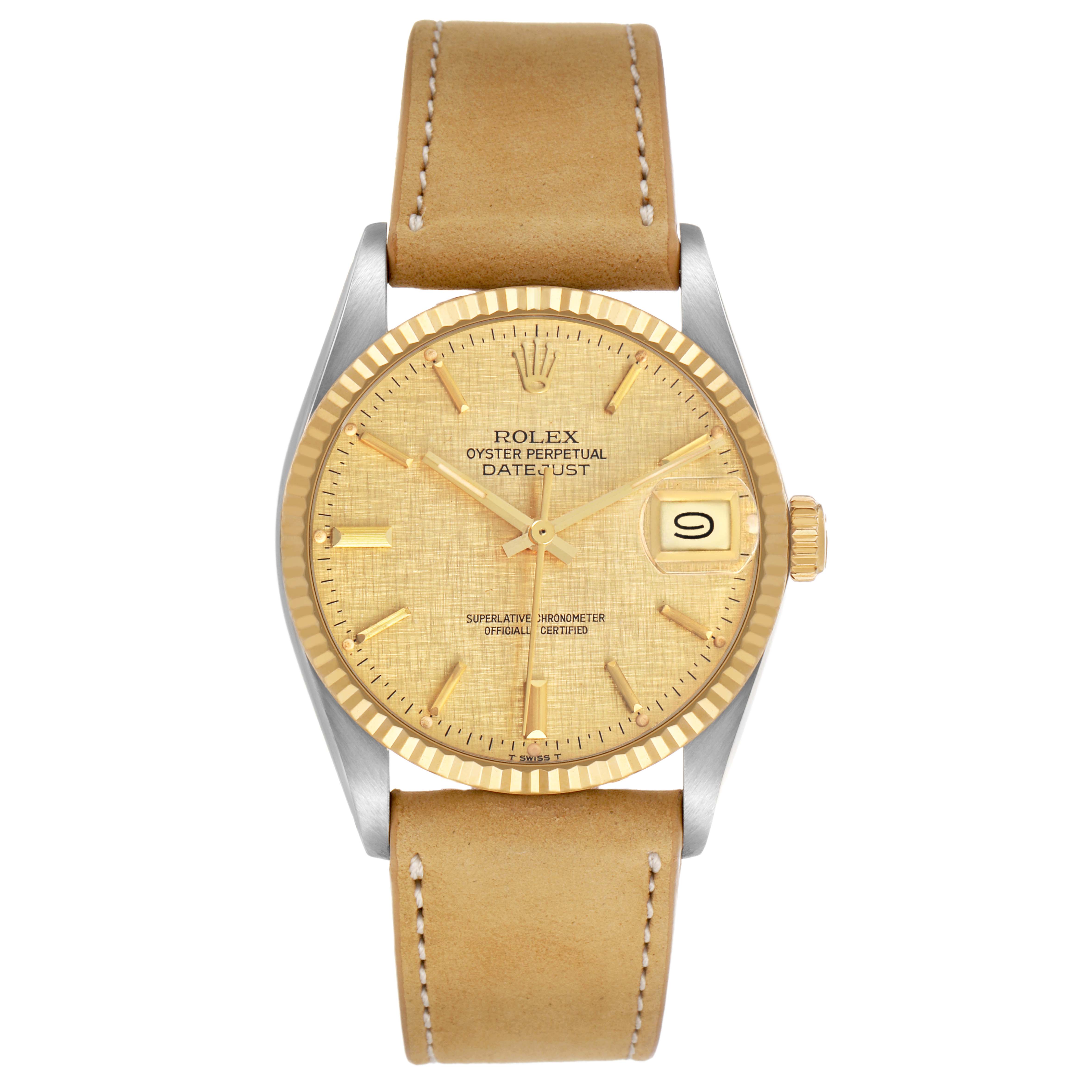The Rolex Vintage Collection 16013 Men's Steel and Gold (two tone) Champagne Dial model is shown from the front, displaying its dial, bezel, and leather strap.