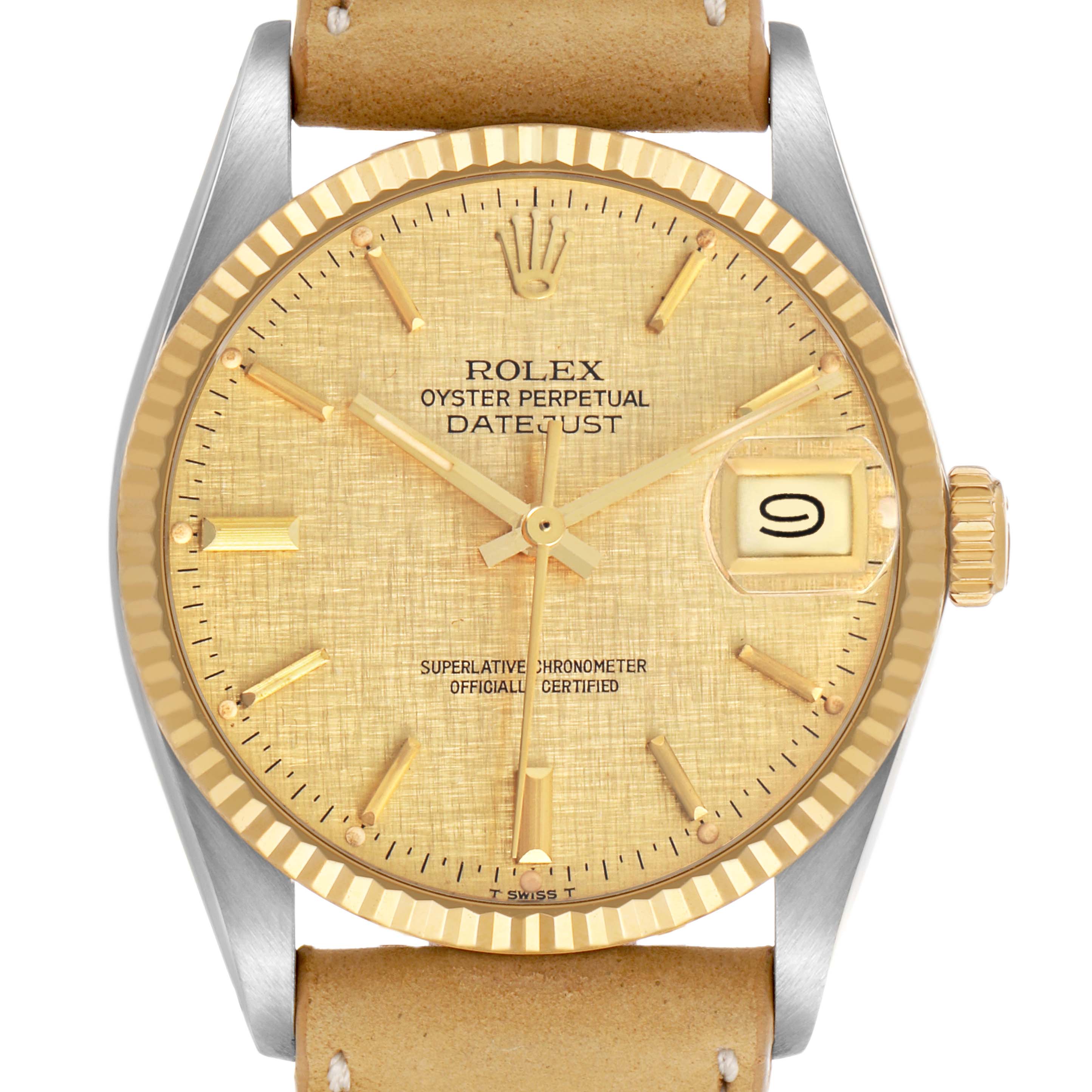 The Rolex Vintage Collection 16013 Men's Steel and Gold (two tone) Champagne Dial model is shown from the front, featuring the dial, bezel, crown, and part of the leather strap.