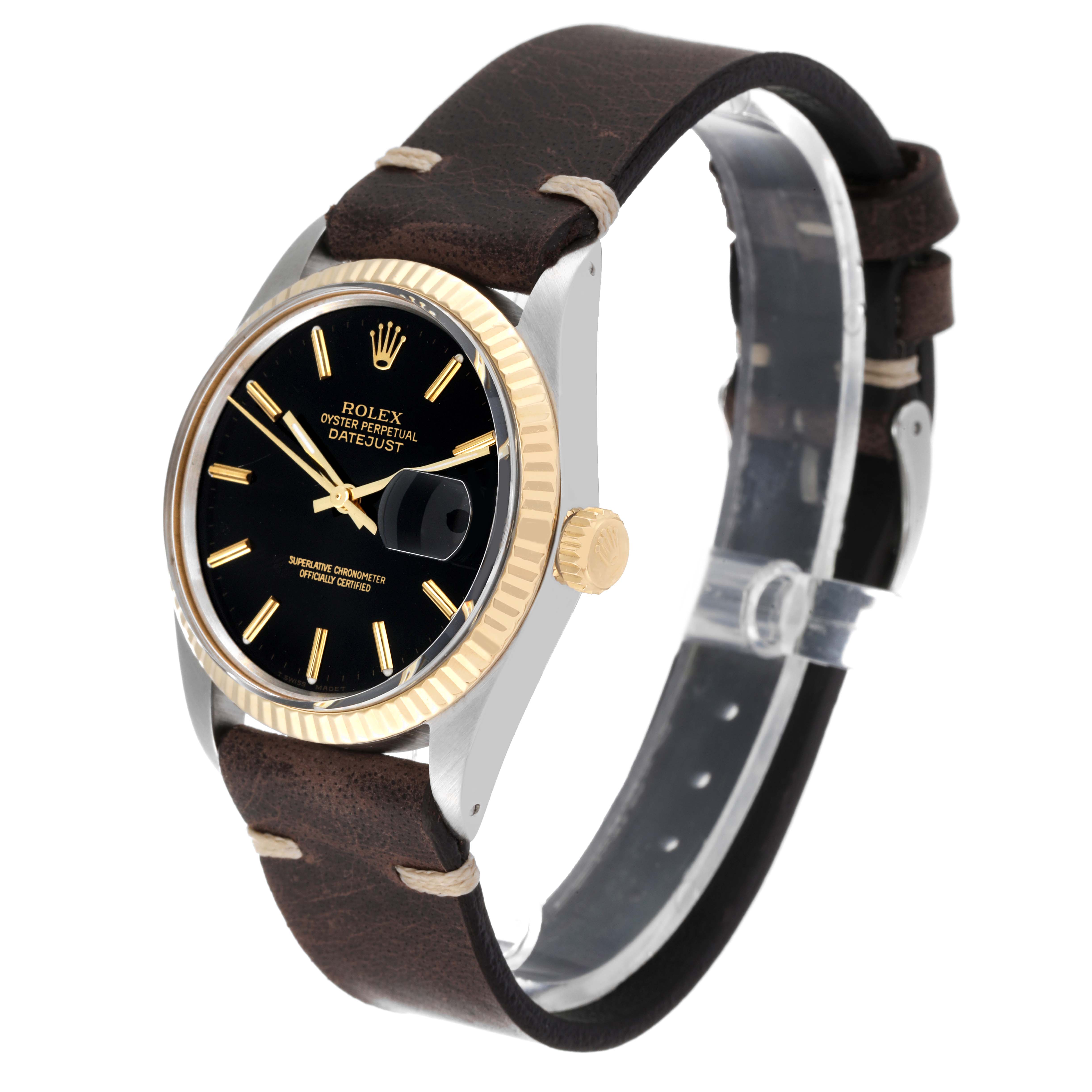 The image shows a Rolex Vintage Collection 16013 Men's Steel and Gold (two tone) Black Dial 16013 Men's Steel and Gold (two tone) Black Dial Datejust watch from an angled side view, highlighting the dial, case, bezel, crown, and strap.